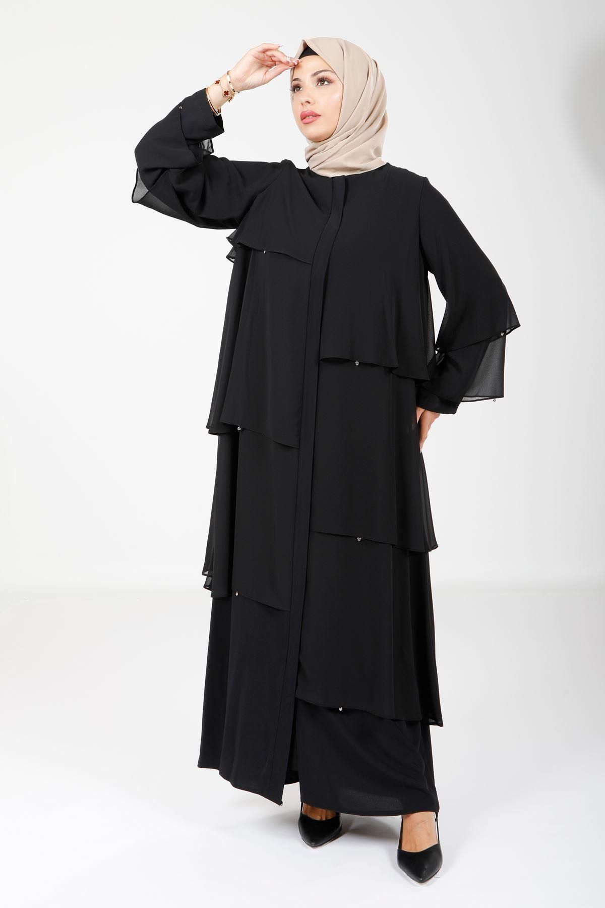 مانتو و عبای پوشیده زنانه TULLE STORE STONE DETAILS مشکی FERACE 3872 Beyza