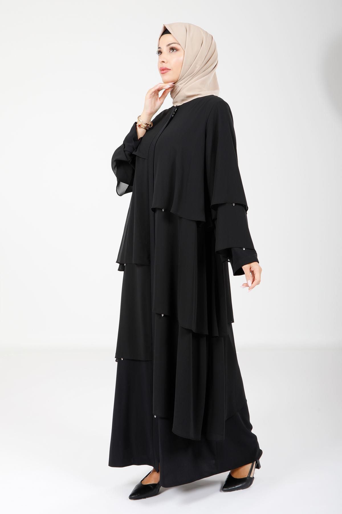 مانتو و عبای پوشیده زنانه TULLE STORE STONE DETAILS مشکی FERACE 3872 Beyza