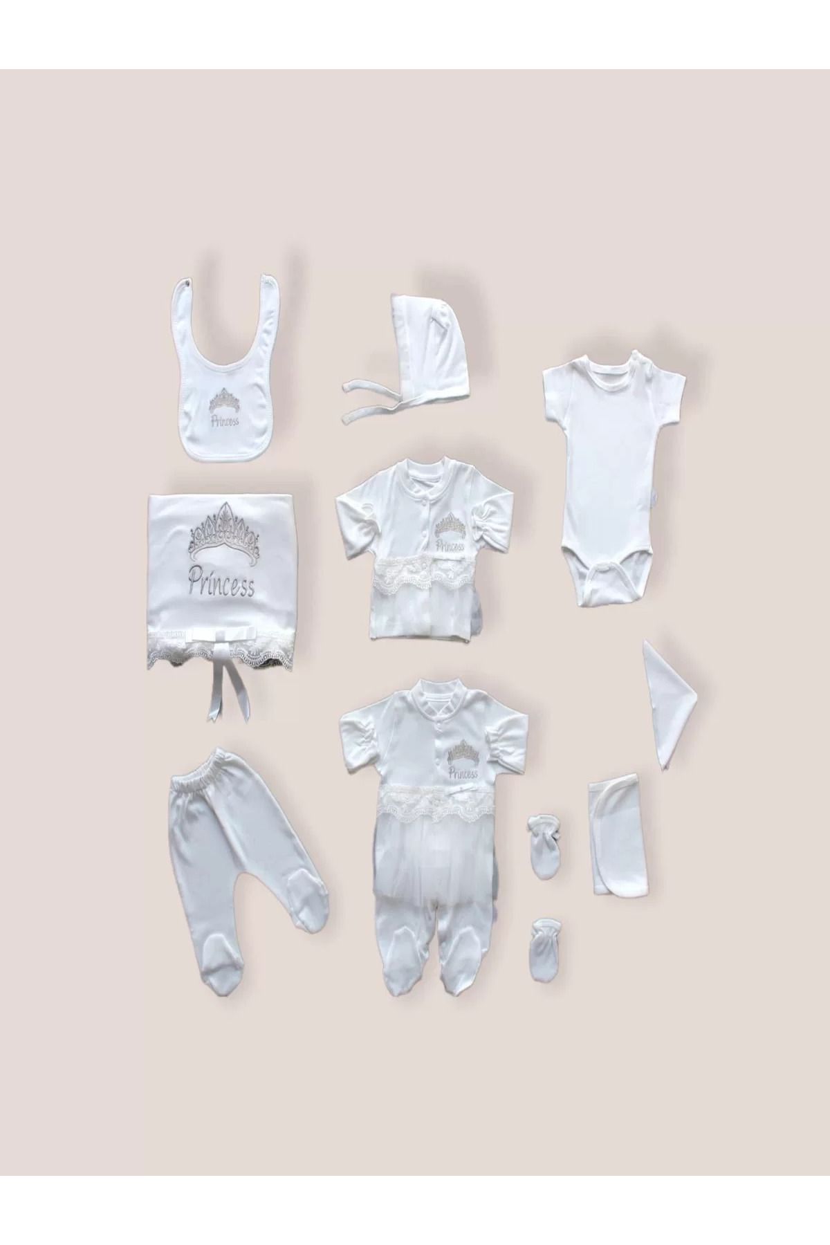 dalinda Taçlı Prensesim Nakışlı %100 Cotton Antibakteriyel 10lu Zıbın Takımı Hastane Çıkışı Ekru