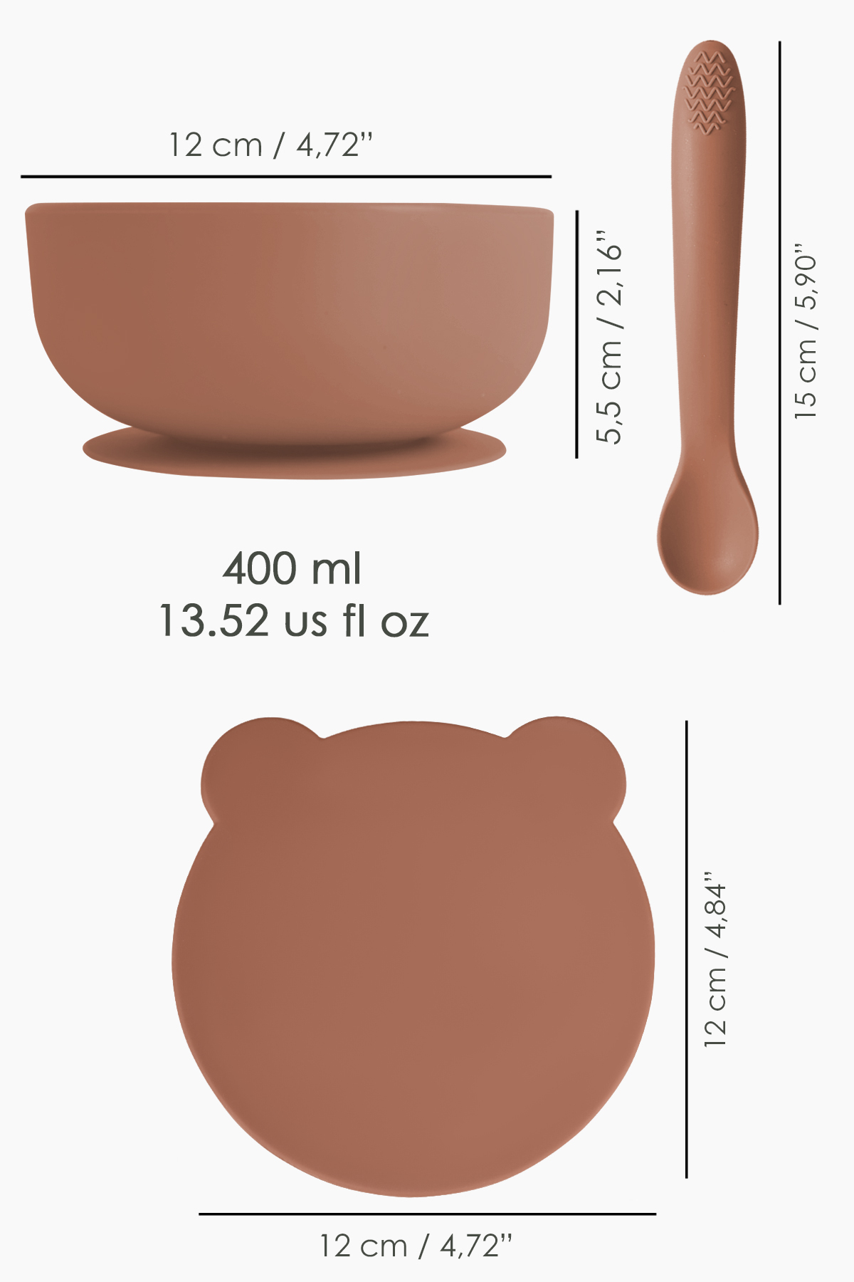 Meleni Baby 2'li Bebek Beslenme Seti - Vakumlu Silikon Kapaklı Mama Kasesi - Diş Kaşıyıcı Mama Kaşığı - Kahve fotoğrafı 7 (önizleme)