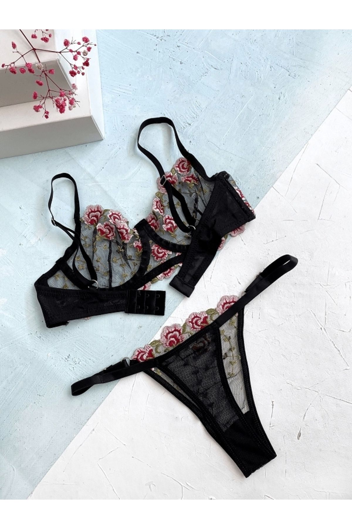 gc gece incisi-Bra and Shirt Set - Floral Embroidered 2