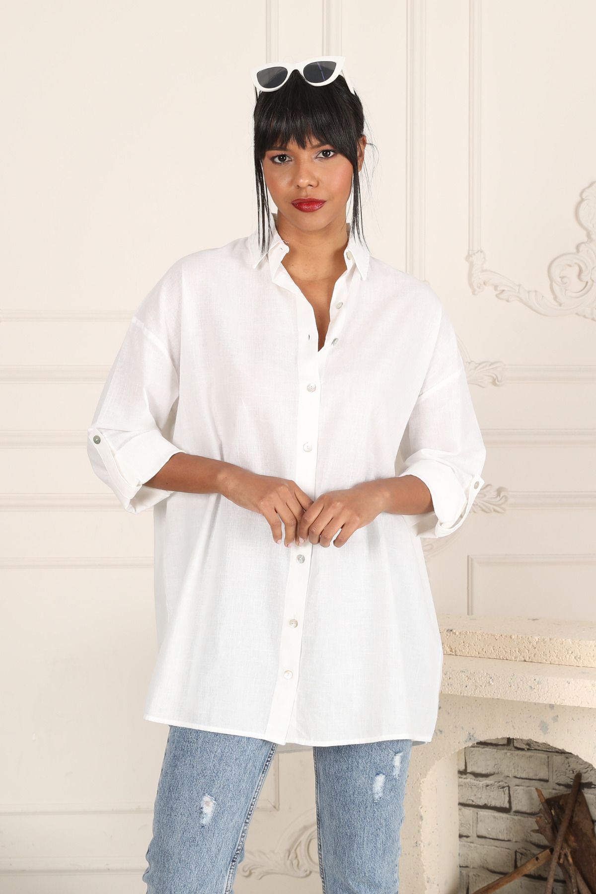 TF The Fancy For You-Fancy Women's 100% Cotton Sleeve Folded Epaulets Loose Cut Oversize Basic Linen Shirt 4