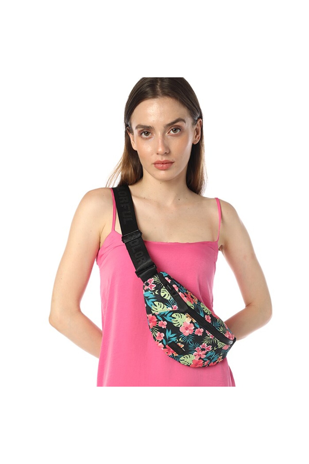 Colorful Stello Çift Taraflı Bel Omuz Çantası Oxford Kumaş - Çiçek Desenli - Siyah görsel 2