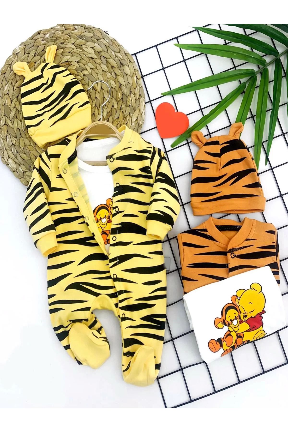 Lenaca Pooh Desenli Zebra Çizgili Şapkalı Sweatli 3lü Kız Erkek Bebek Tulumu(sarı) Sarı