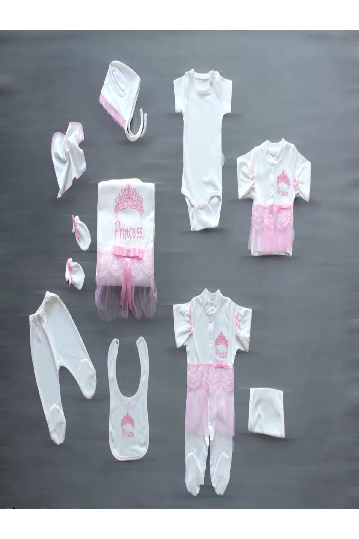dalinda Taçlı Prensesim Nakışlı %100 Cotton Antibakteriyel 10lu Zıbın Takımı Hastane Çıkışı Pembe