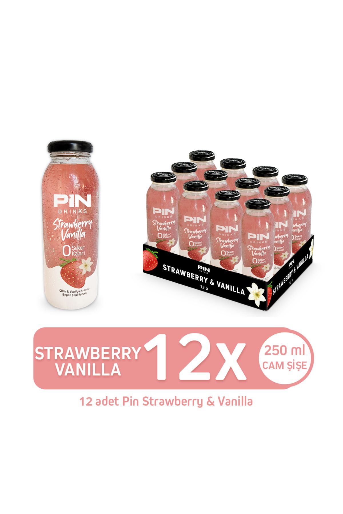 Pin Strawberry Vanilla Beyaz Çaylı Özel Seri - Şekersiz & Kalorisiz 250 Mlx12 Adet