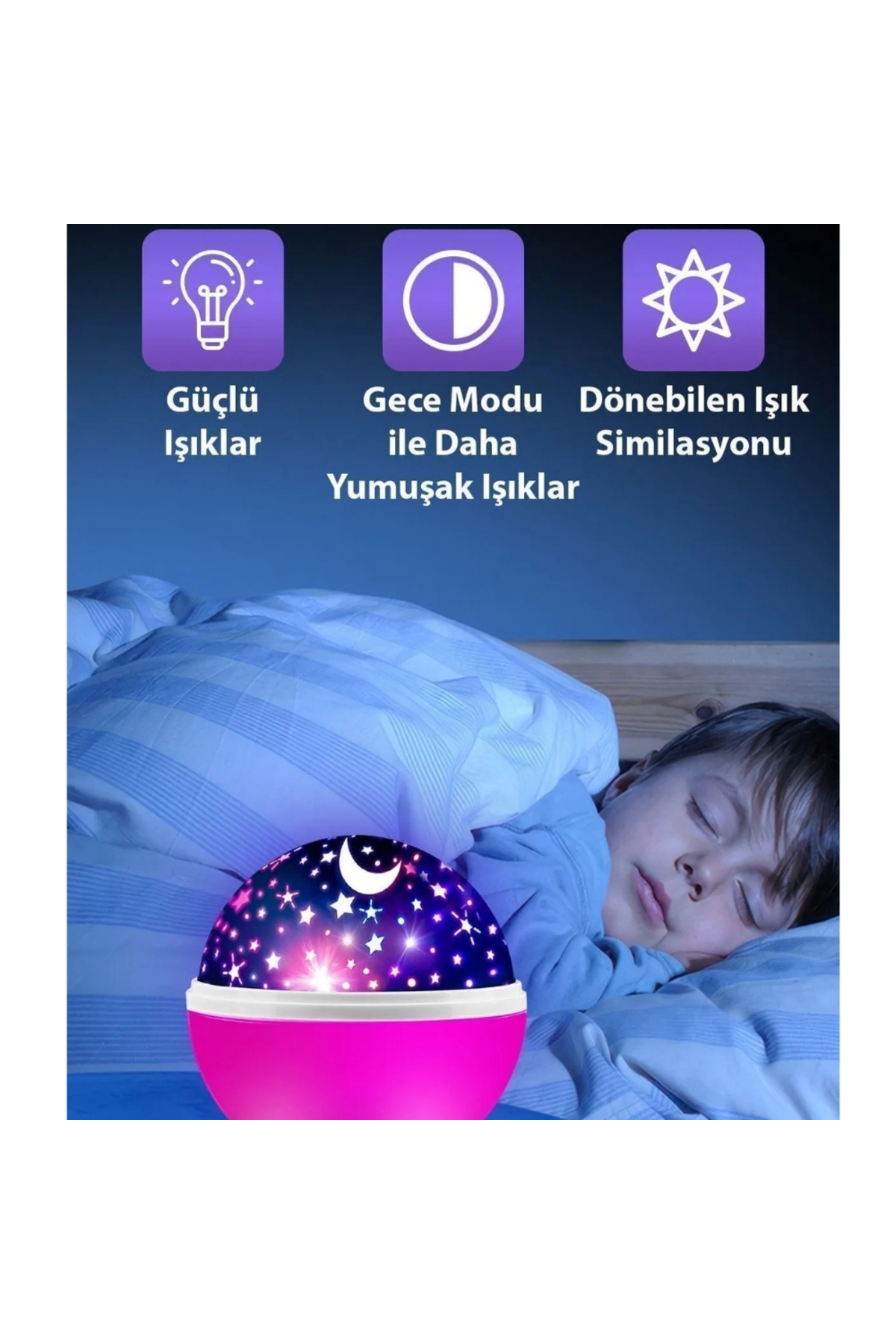 Genel Markalar Dönen Projeksiyon Led Işıklı Ay Yıldızlı Gece Lambası Çocuk,Bebek,Genç Odası ve Hediyelik Çok Amaçlı fotoğrafı 2 (önizleme)