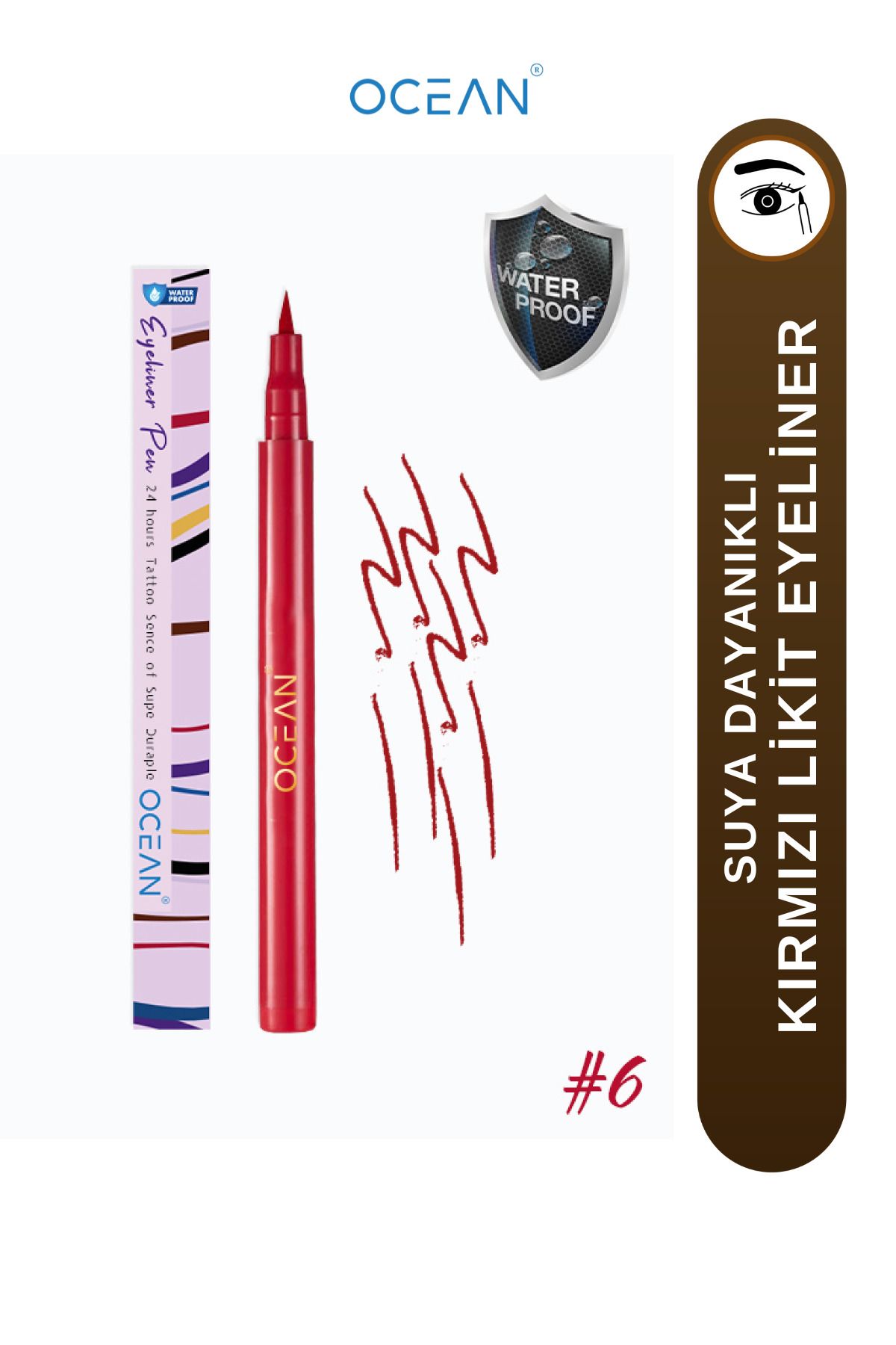 Ocean Kırmızı Eyeliner, Likit Kalem Eyeliner, Suya Dayanıklı, Yoğun Pigmentli