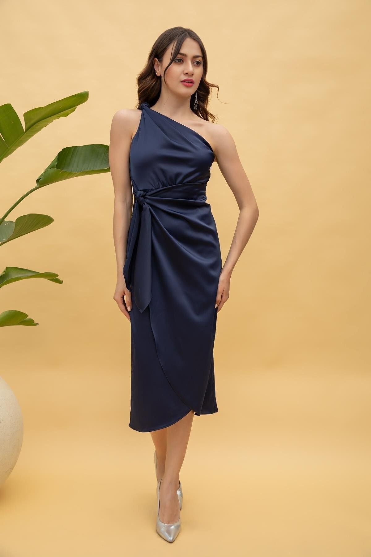 lovebox-Shiny Satin Midi Evening Dress - Single Shoulder with Sash Detail, STP-003 5