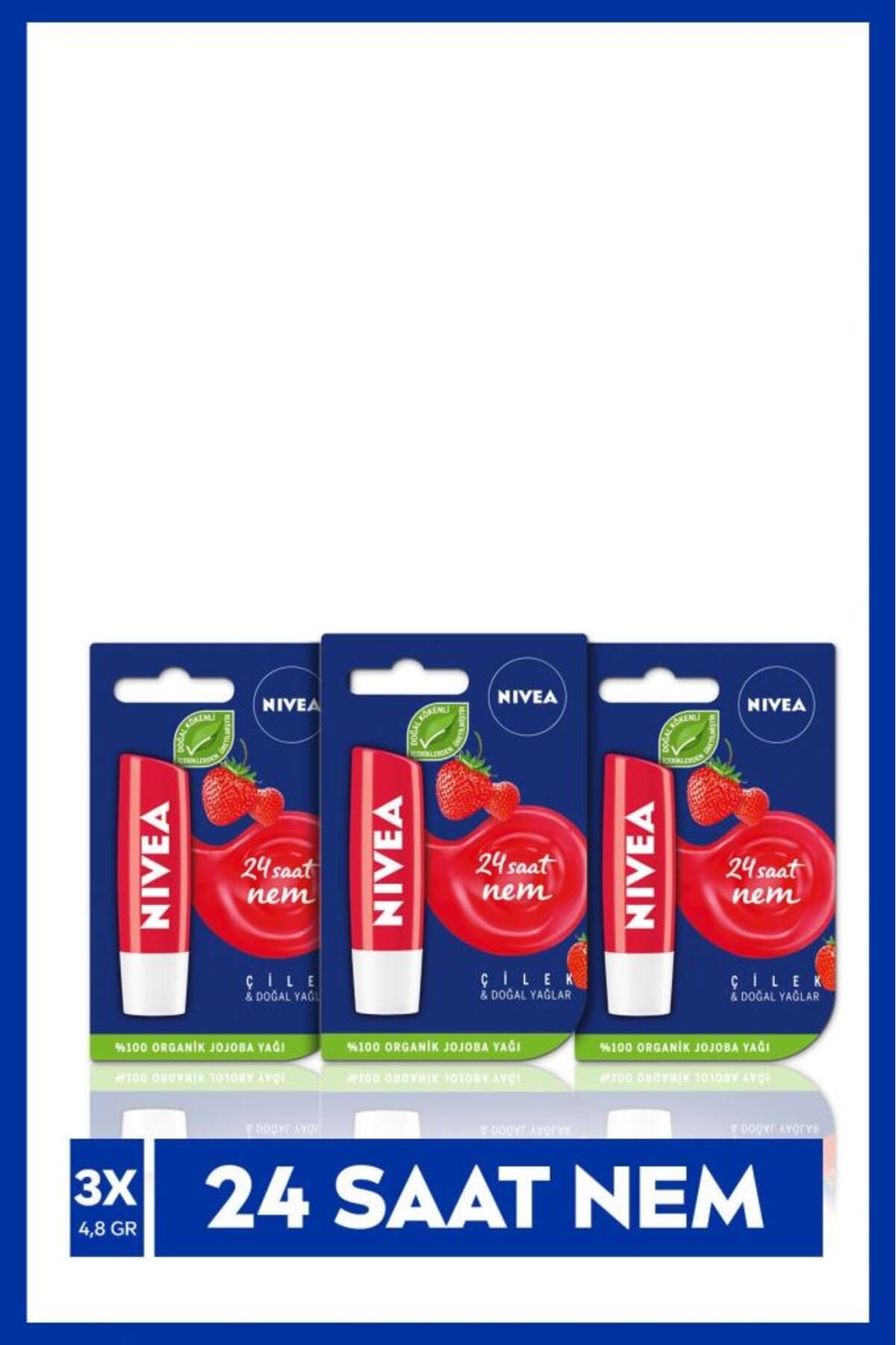 NIVEA Dudak Bakım Kremi Ve Dudak Parlatıcı 4.8gr, Çilek Kokusu, 24 Saat Nem, Hafif Kırmızı Işıltı, X3 Adet