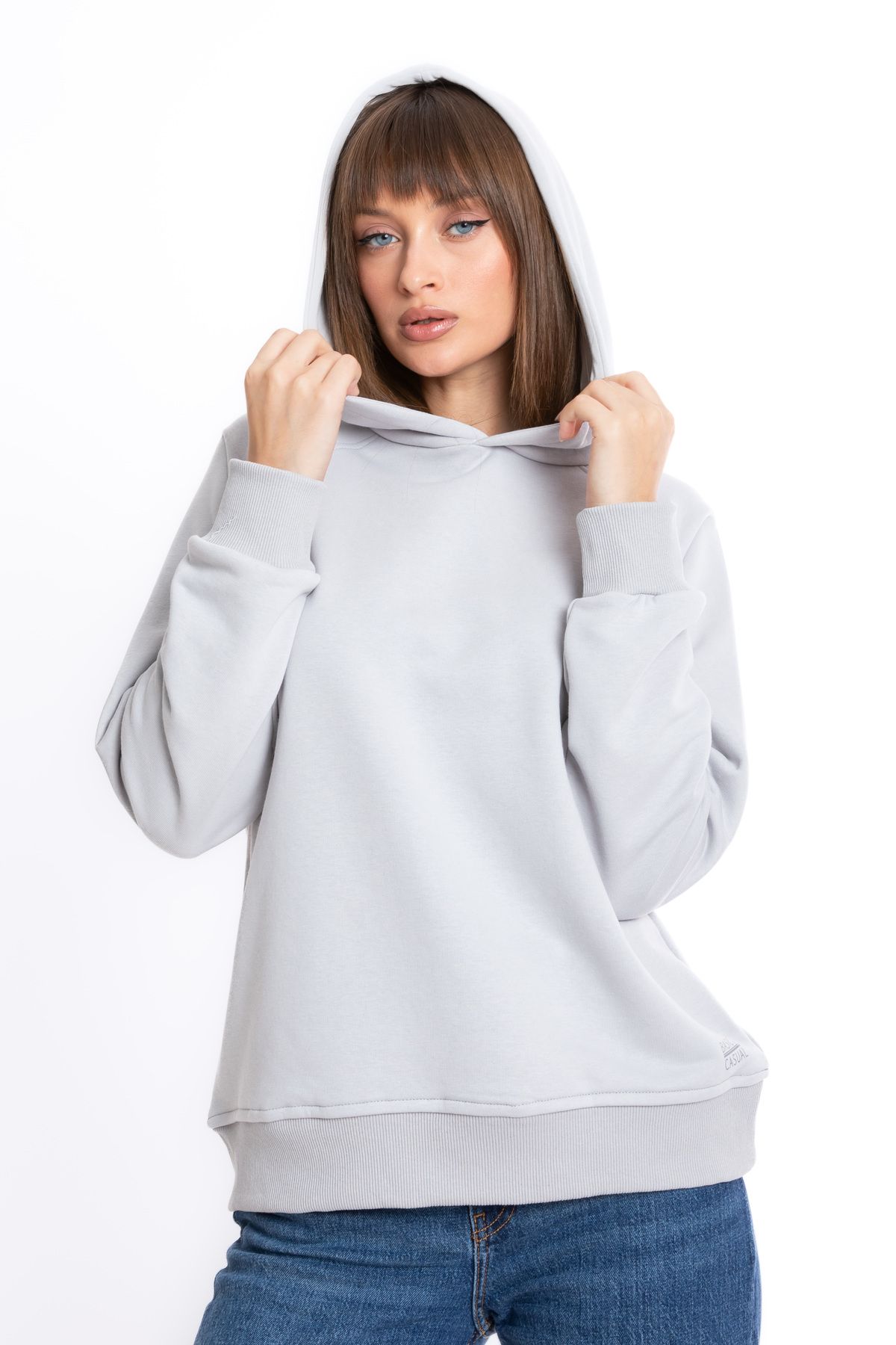 Giyimod Kadın Gri Kapüşonlu 3 iplik Şardonlu Polarlı Reglan Kol Sweatshirt S-103