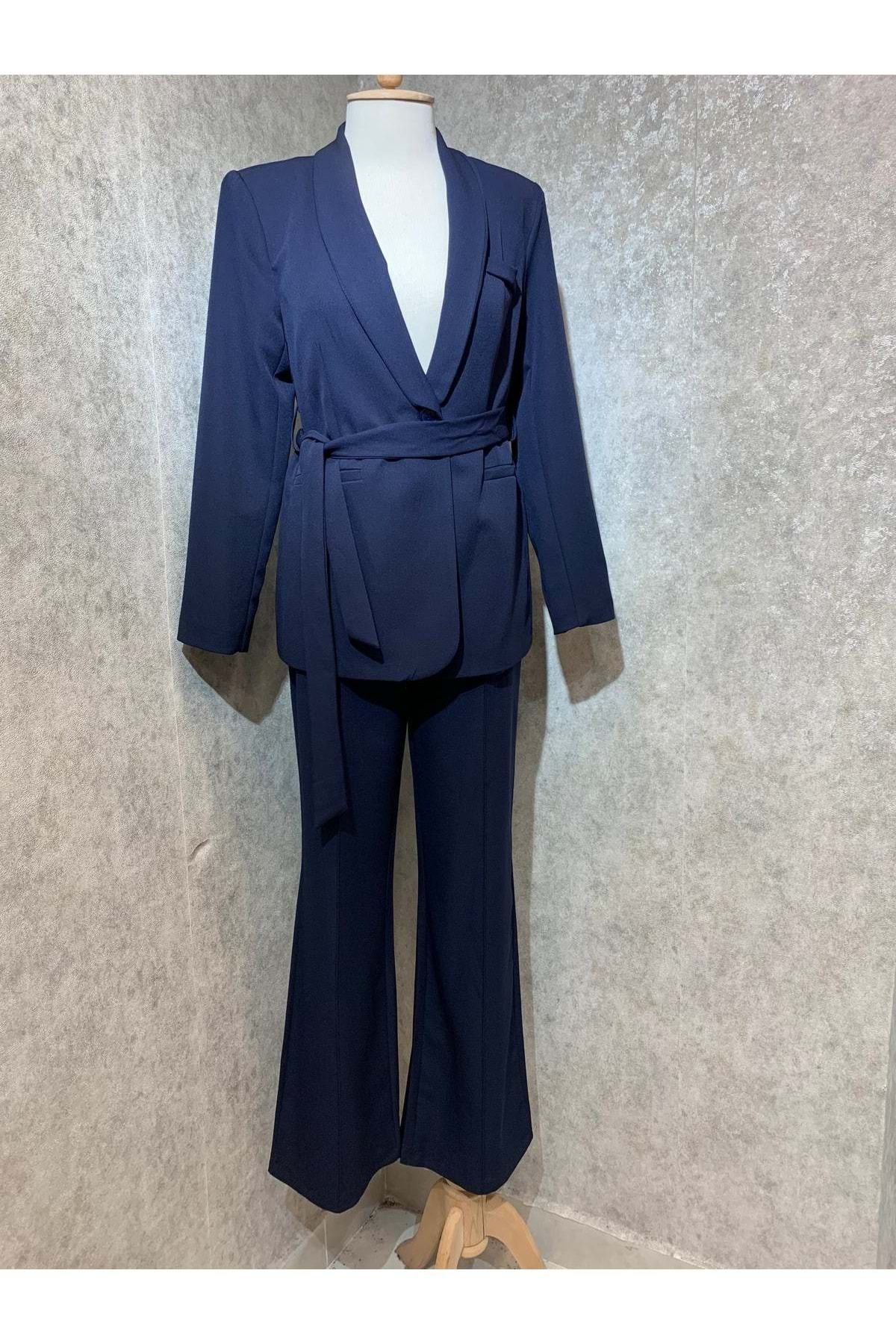 Beray-24y30047 Navy Blue Single Button and Waist Belted Lined Jacket and Trousers Set - 40 1