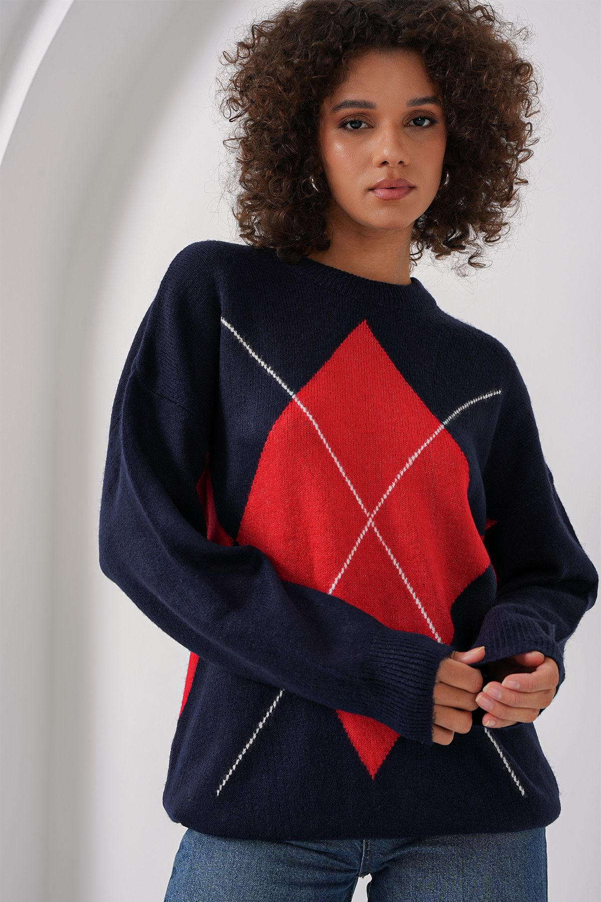 Bigdart-15895 Oversize-Strickpullover mit Rautenmuster – Marineblau 4