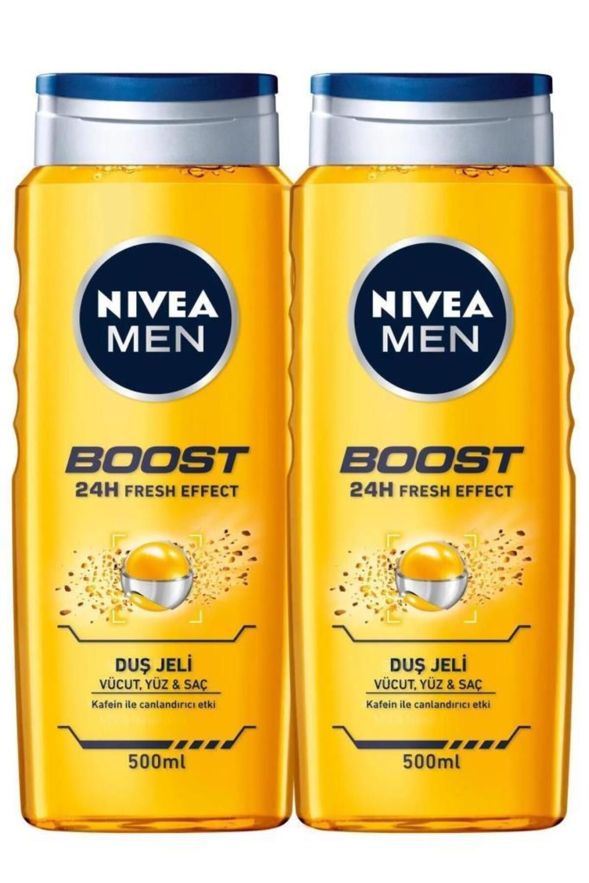 NIVEA MEN Erkek Duş Jeli Boost 500ml, Vücut Yüz Saç, Nane Özleri, Kafein ile Canlandırıcı Bakım, X2 Adet