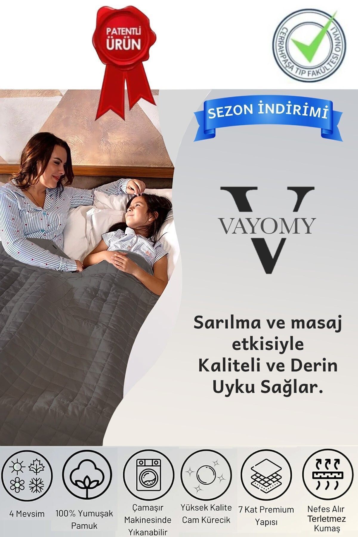 Vayomy Ağırlıklı Battaniye Montessori Yorganı 3 Kg Gri 104x152 %100 Pamuk 4 Mevsim Kullanılabilir