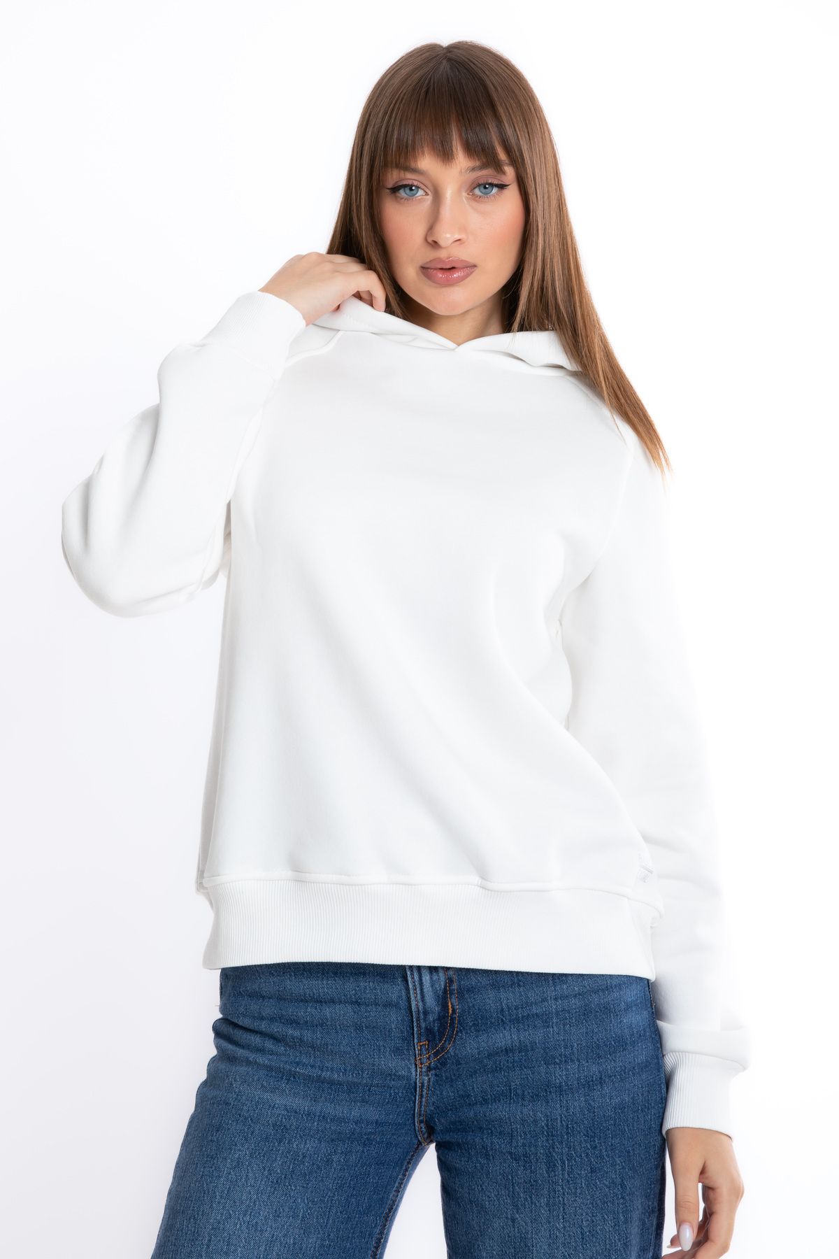 Giyimod Kadın EKRU Kapüşonlu 3 iplik Şardonlu Polarlı Reglan Kol Sweatshirt S-103