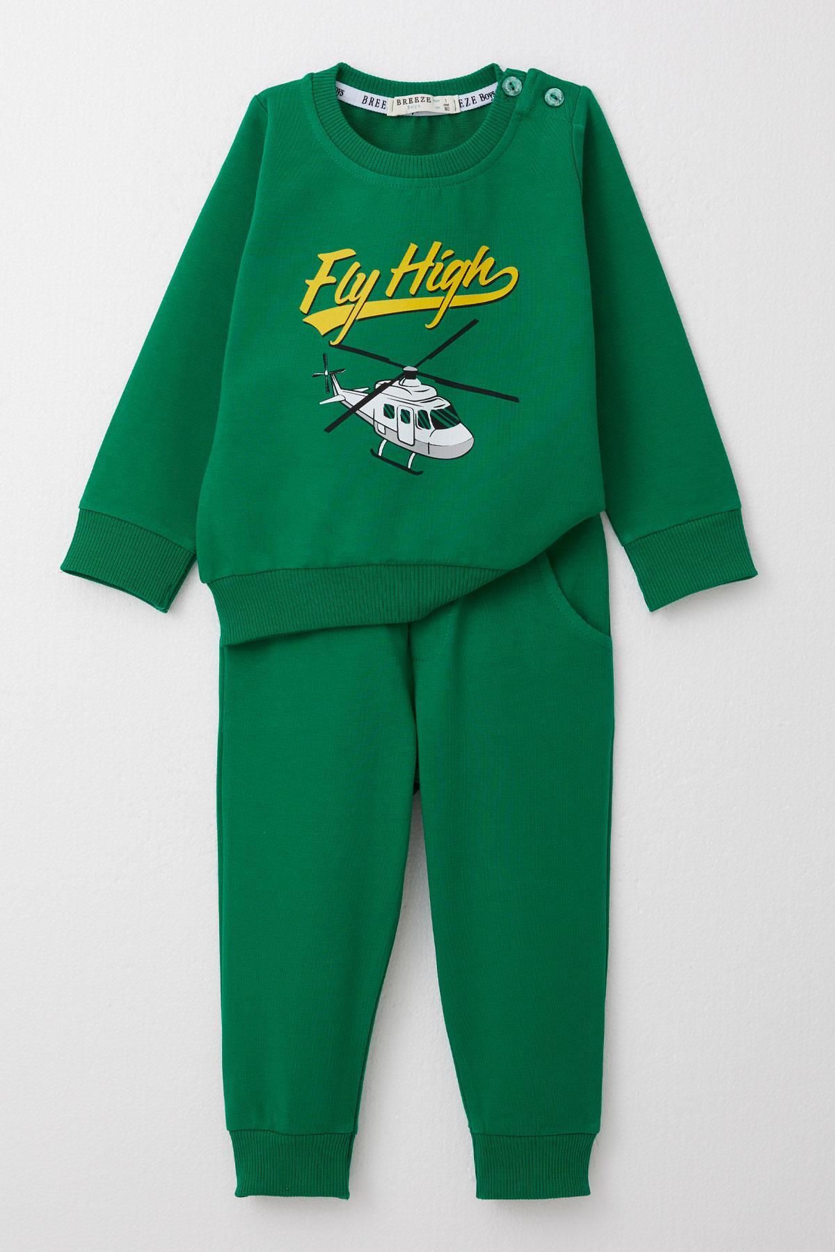 Breeze-6-2 Years Old Baby Boy Tracksuit Set - Helicopter Printed, Dark Green 1