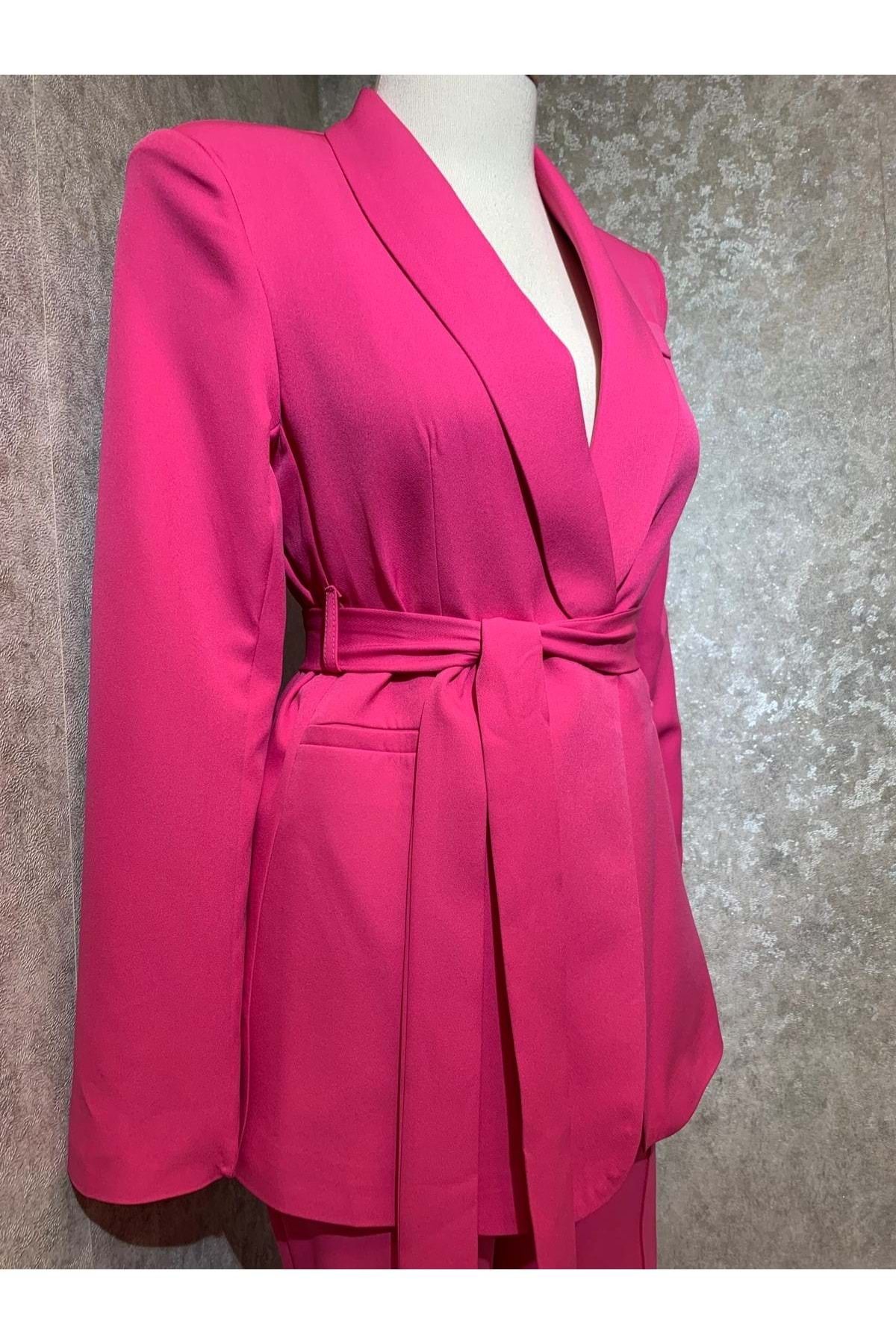 Beray-24y30047 Set jachetă pantaloni cu un singur nasture cu centură căptușită în interior - - 24y30047 - fucsia - 38 3