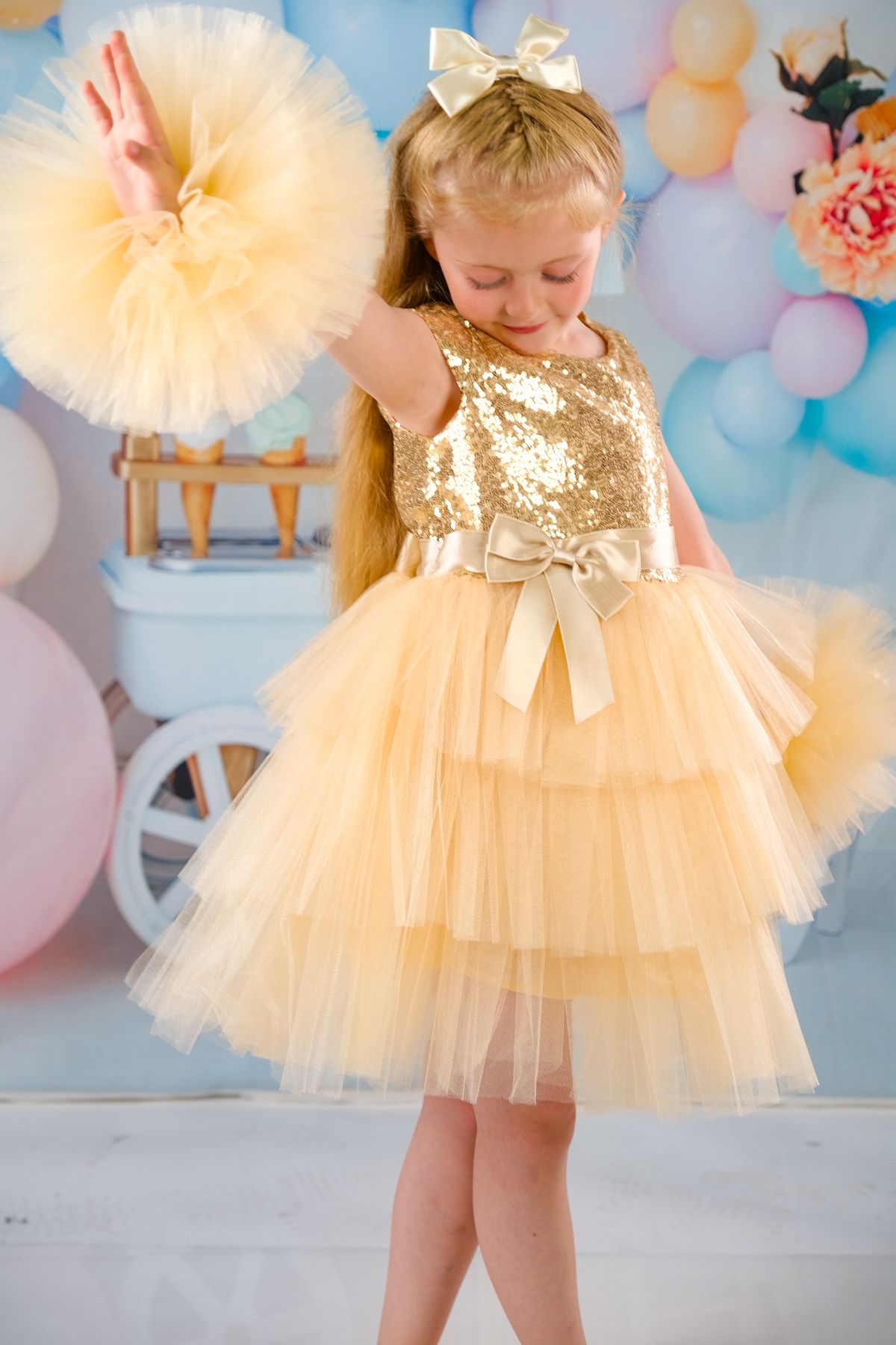 Sevimlice Kids-Girl's Pompom Sleeves Buckle Evening Dress Birthday Dress 3