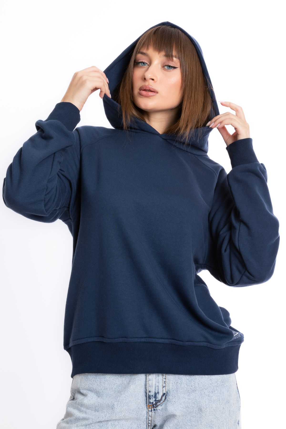 Giyimod Kadın Lacivert Kapüşonlu 3 iplik Şardonlu Polarlı Reglan Kol Sweatshirt S-103