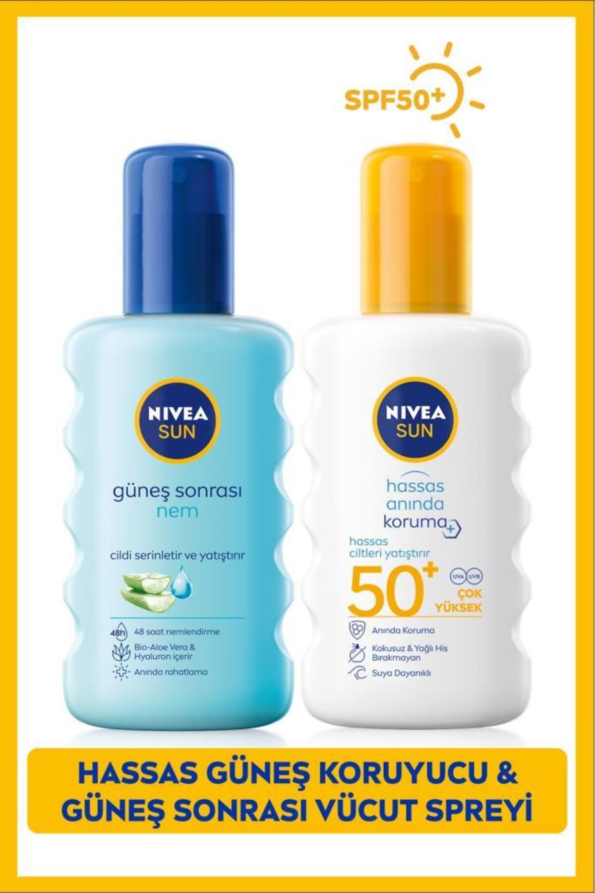 NIVEA SUN Hassas Yüksek Güneş Koruyucu Sprey SPF50 200ml, Nemlendirici Güneş Sonrası Spreyi 200ml