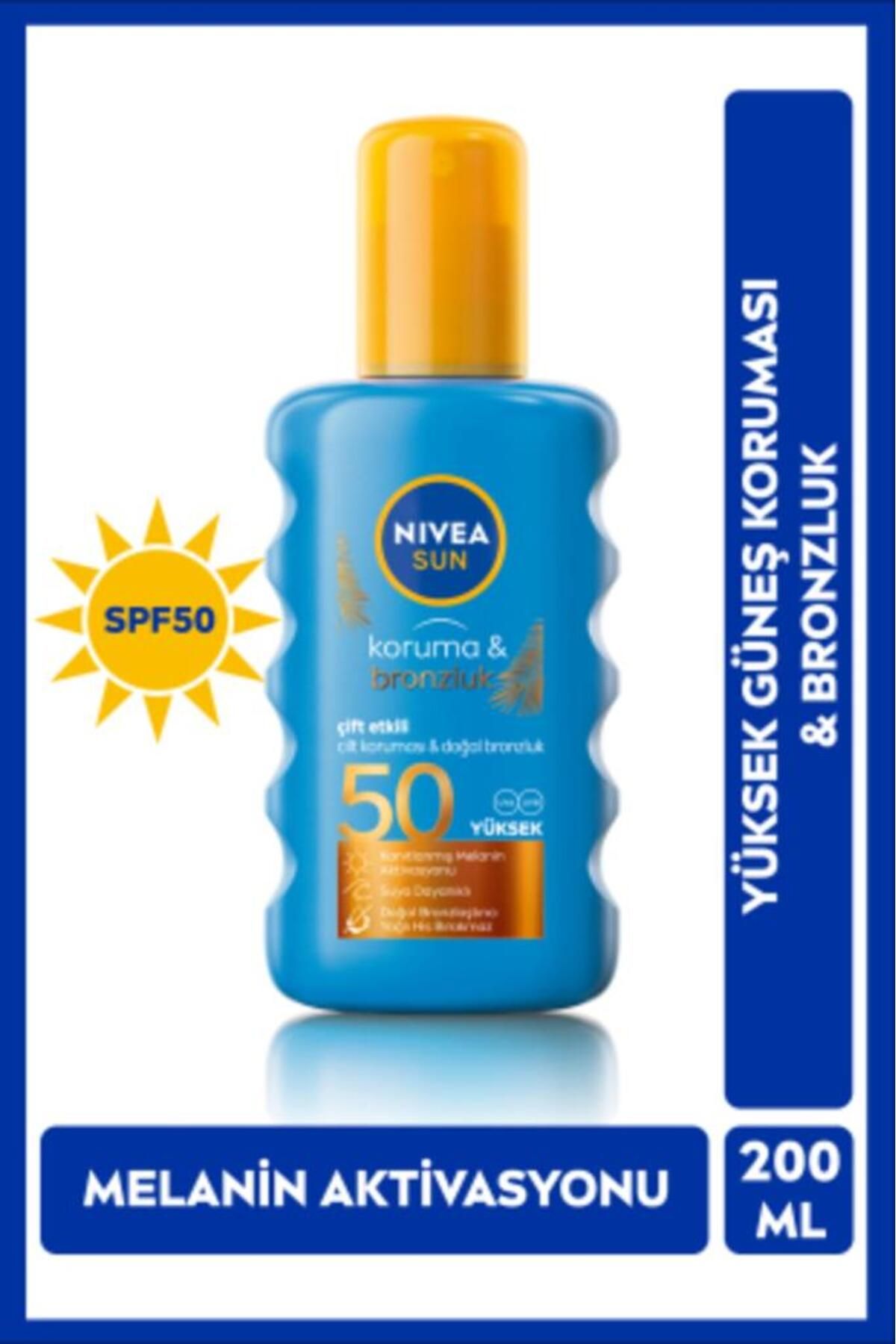 NIVEA SUN Çift Etkili Yüksek Koruma ve Bronzluk Güneş Spreyi 200ml, SPF50, Doğal Bronzluk, Suya Dayanıklı