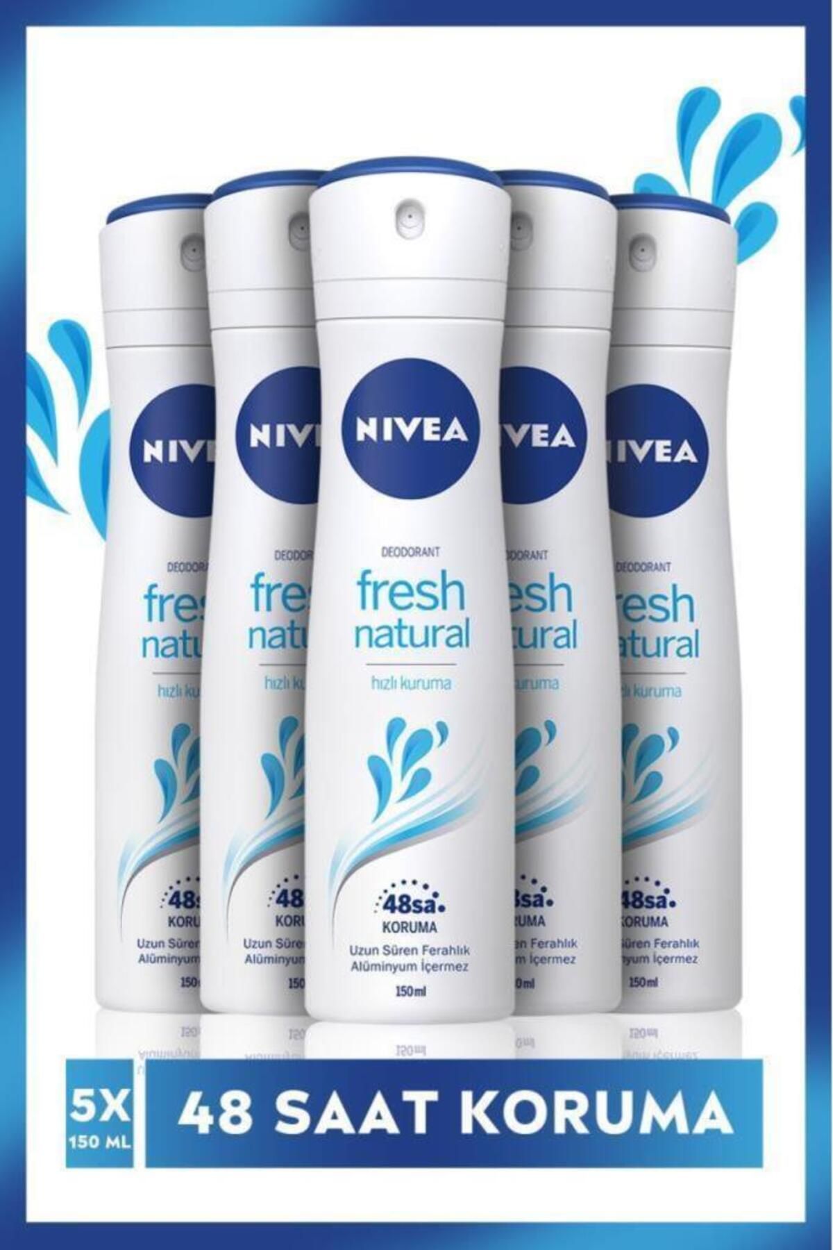 NIVEA Kadın Sprey Deodorant Fresh Natural 150ml, Ter Kokusuna Karşı 48 Saat Deodorant Koruması, X5 Adet