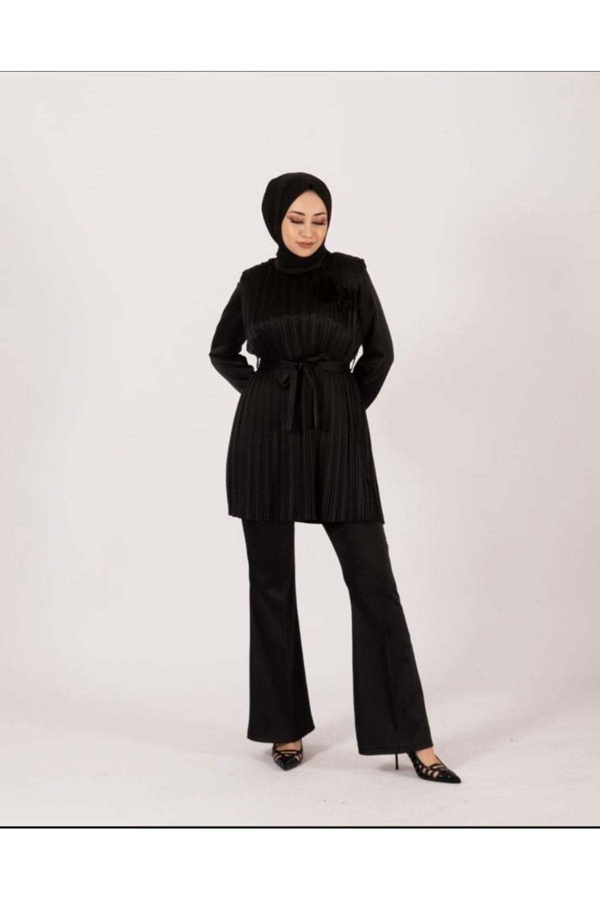 Stilife-24y6160 Black Satin Pleated Set - Waist Belted Tunic and Trousers - 44 1