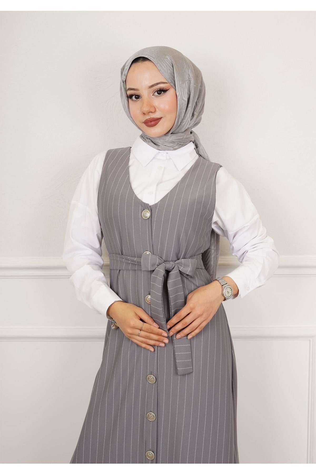 Rita-24y61094 Gray Striped Gilet - With Buttons and Belt - 36 2