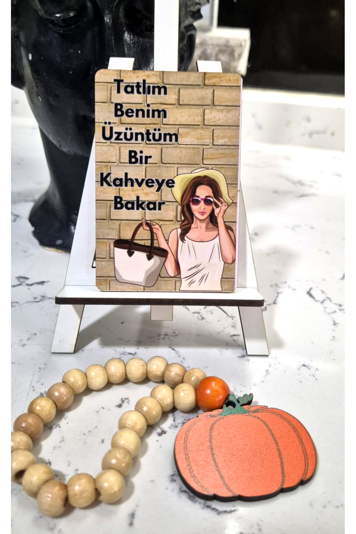 Ahşap Kahve Motto 6 lı Sunum Kartı-Motivasyon Kartları + Ayaklık 4
