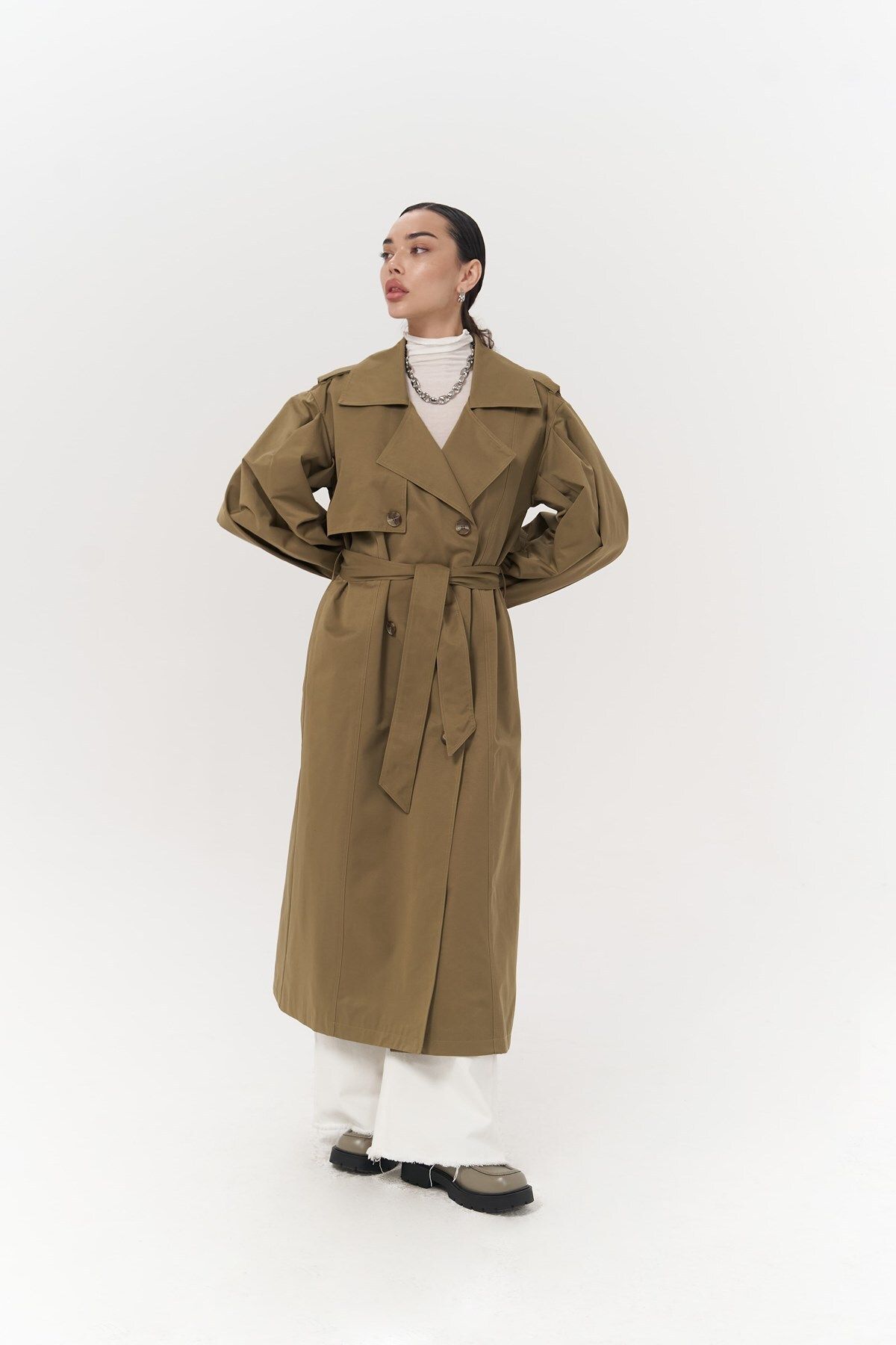 MAİ COLLECTİON-Aubree Khaki Oversize Trench Coat 2