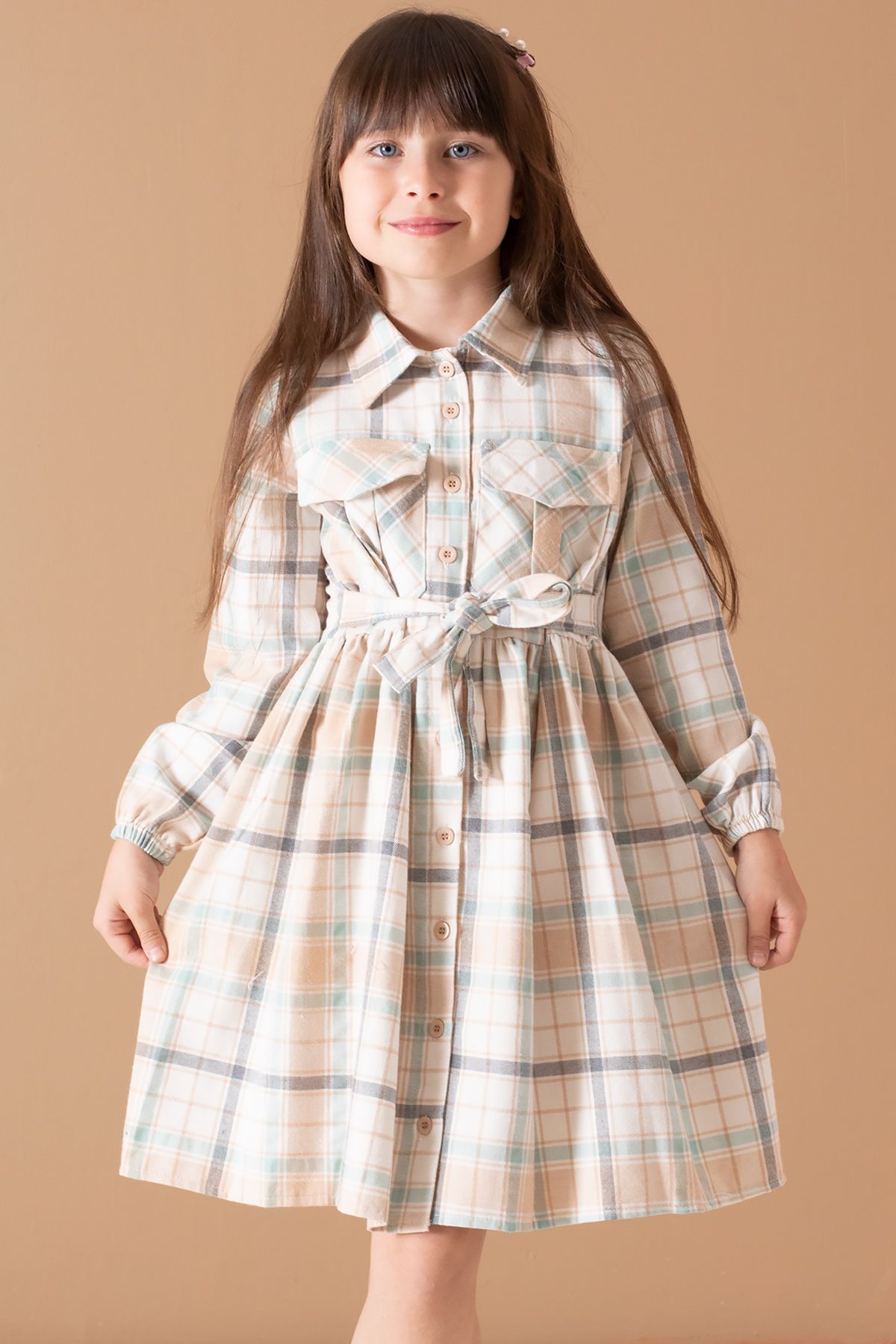 Cansın Mini-Long Sleeve Cream Striped Belted Girl's Dress - 19688 3