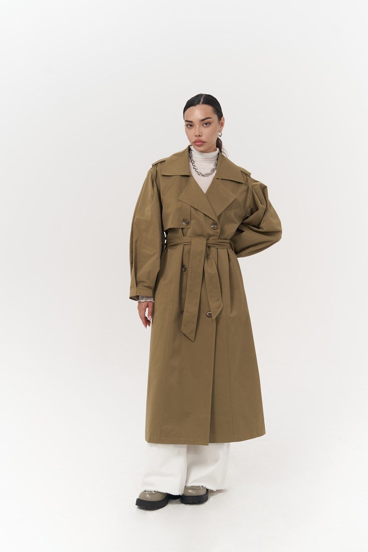 MAİ COLLECTİON-Aubree Khaki Oversize Trench Coat 4