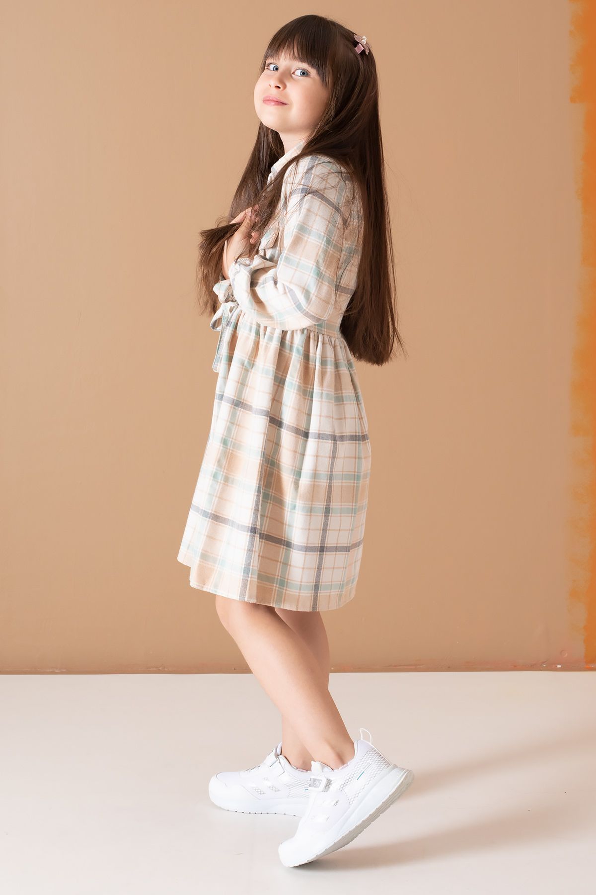 Cansın Mini-Long Sleeve Cream Striped Belted Girl's Dress - 19688 6