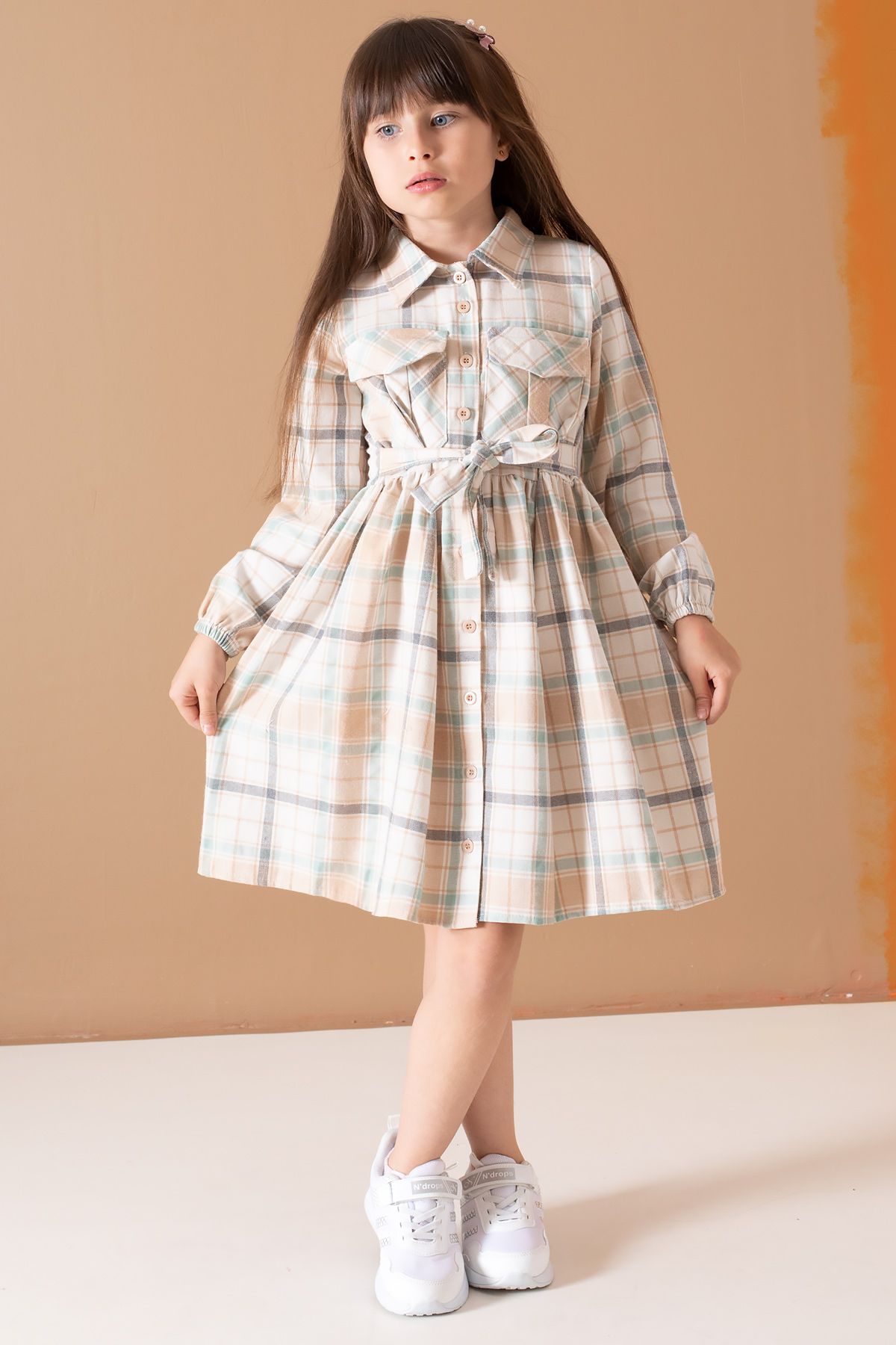 Cansın Mini-Long Sleeve Cream Striped Belted Girl's Dress - 19688 1