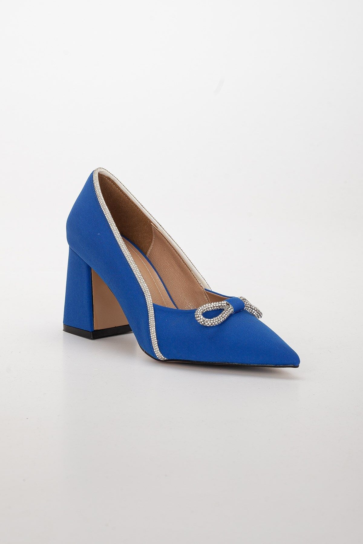 Dilimler Ayakkabı-Satin Jewelled Thick Heel Blue Women's Stiletto 4