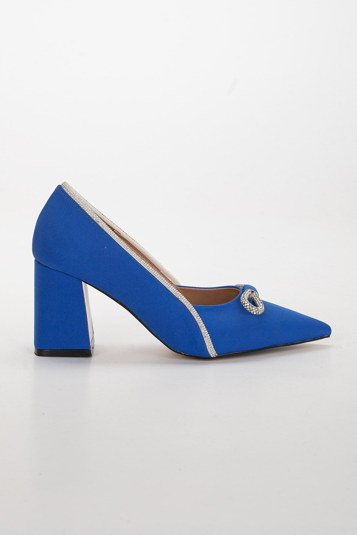 Dilimler Ayakkabı-Satin Jewelled Thick Heel Blue Women's Stiletto 5