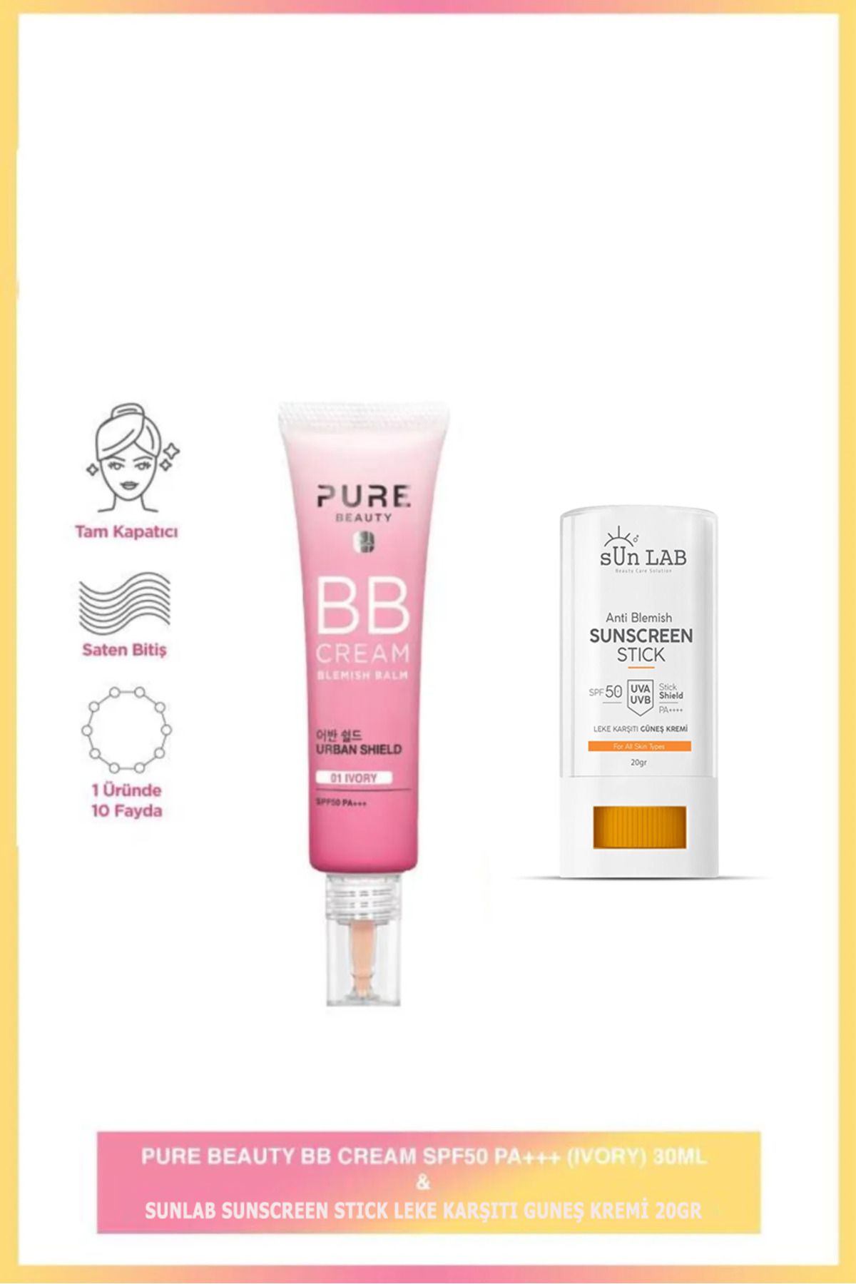 PURE BEAUTY BB Cream SPF50 Natural 30 ml (01 Ivory) + Sunlab Anti Blemish Sunscreen Stick Pa++++ 20gr