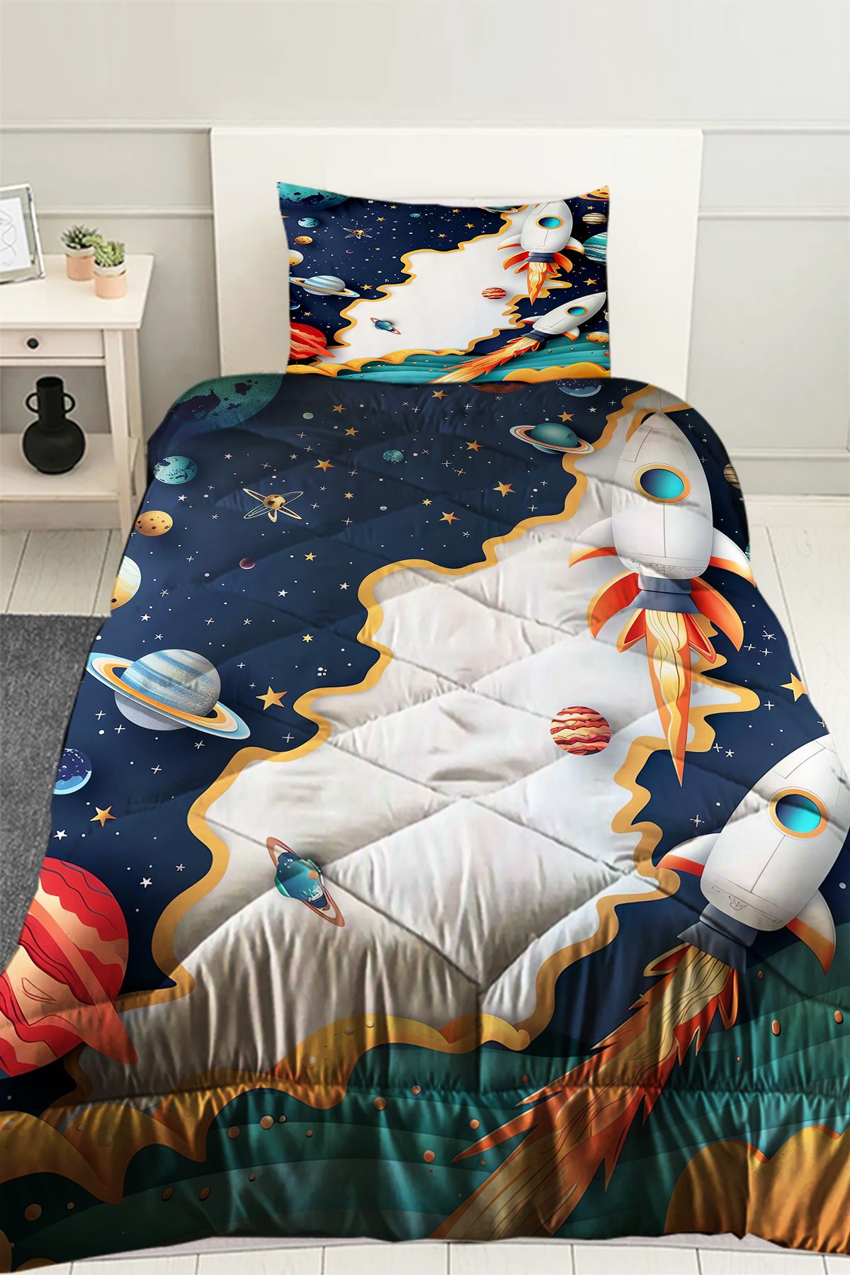 Else Dekor-Spaceship Galaxy Patterned Boy's Single Quilted Quilt Pillow with Case 1