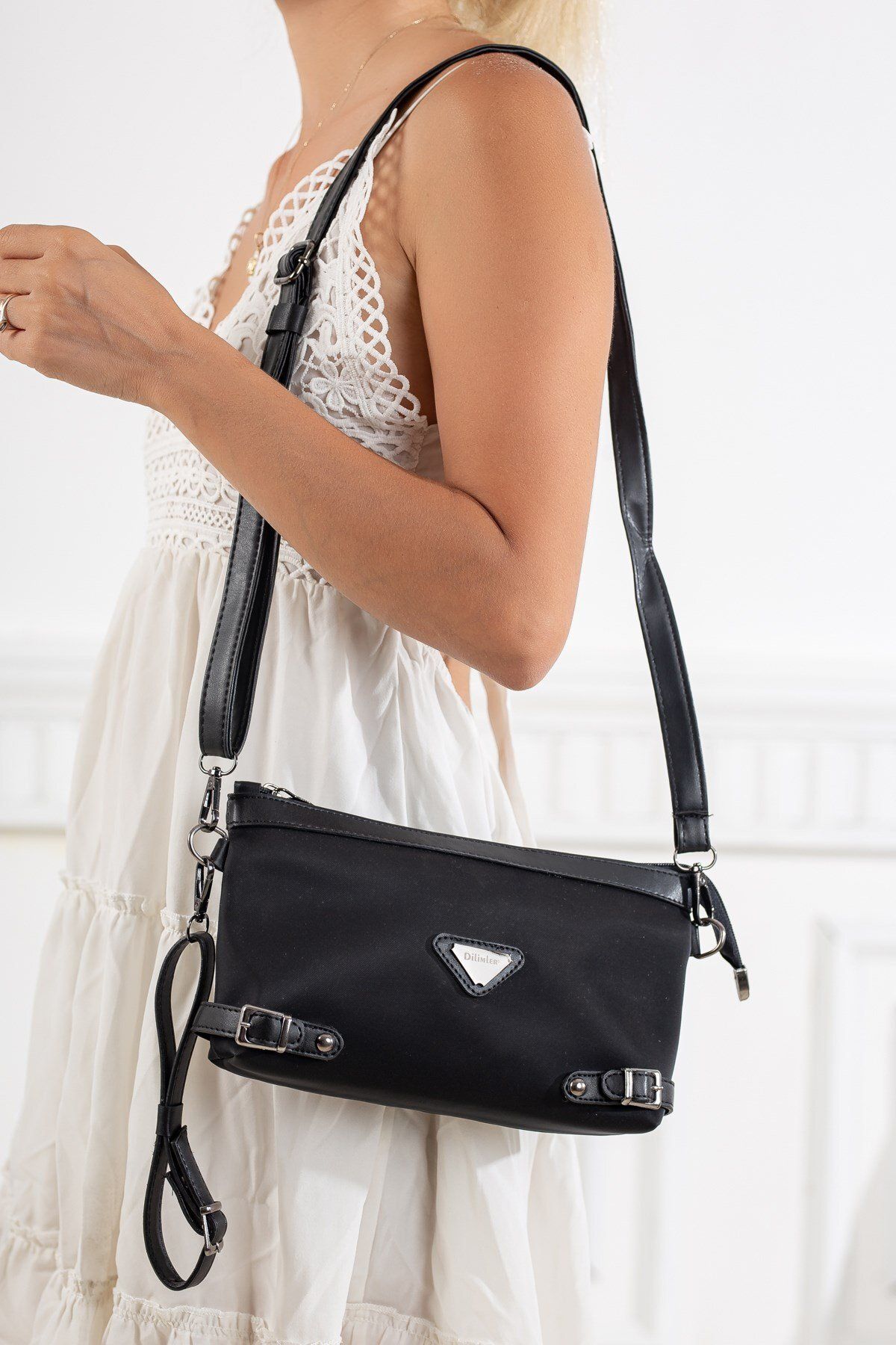 Dilimler Ayakkabı-Satin Look Black Women's Portfolio Bag with Long Short Strap 2
