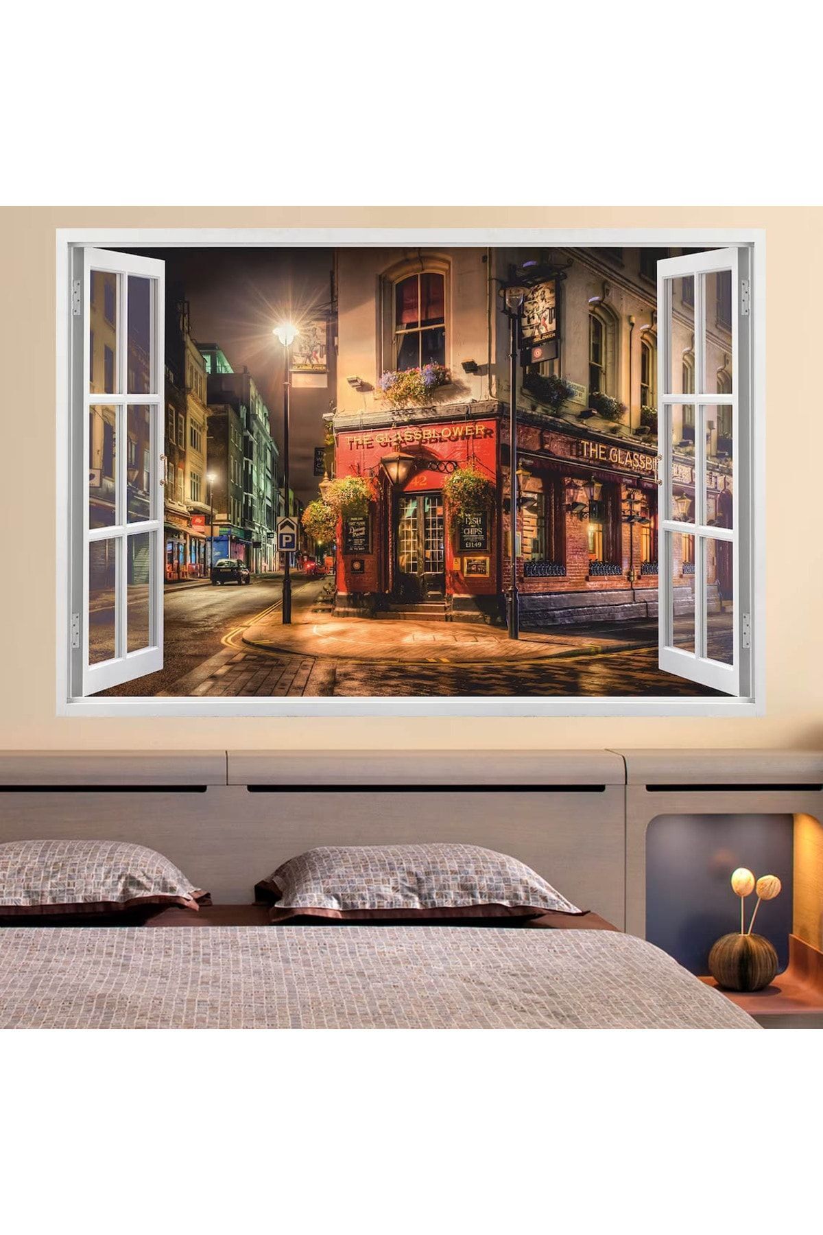 Pencereden Şehir Manzaraları Full Hd Baskı 3D Modern Duvar Sticker