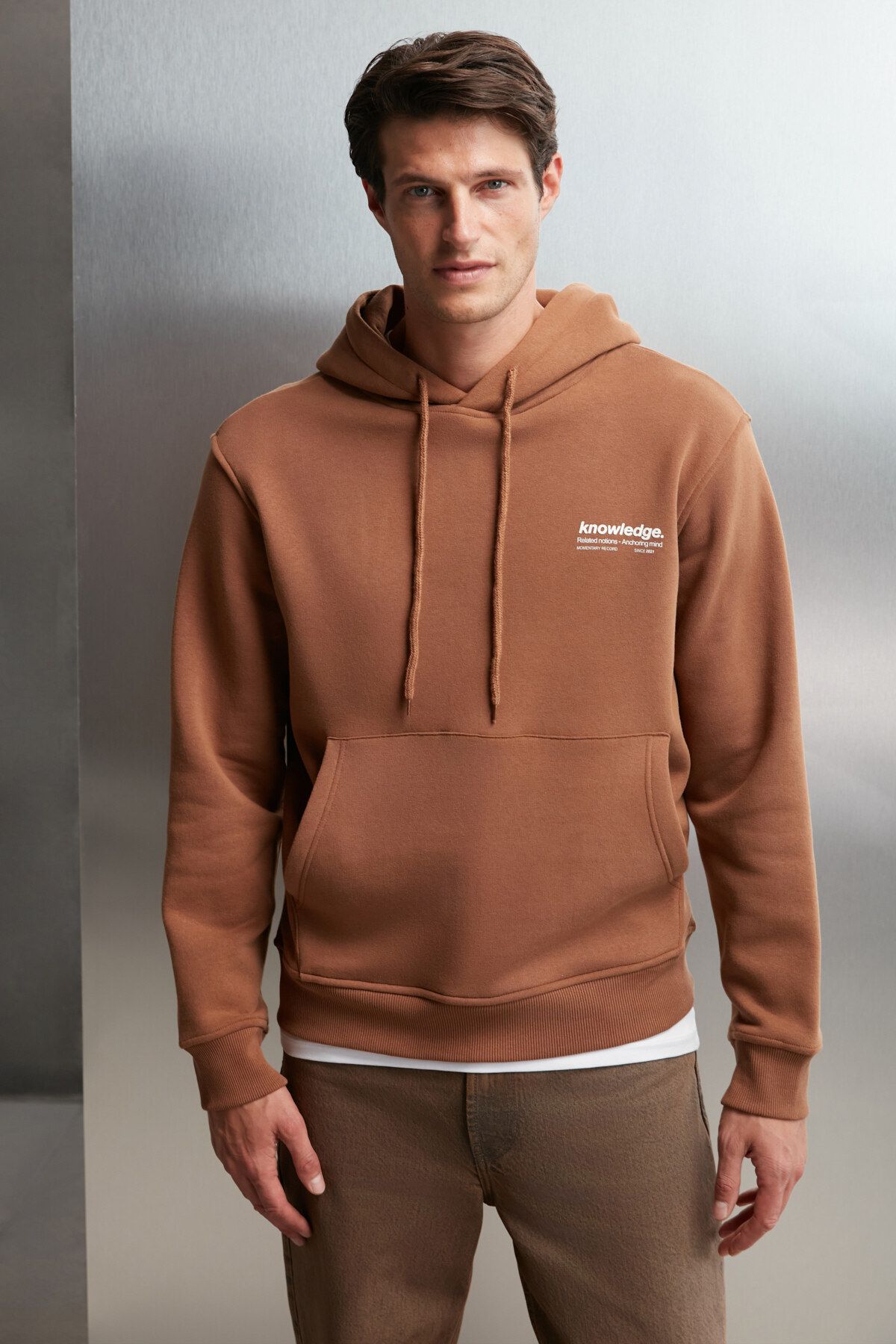 GRIMELANGE-Bryaner Men's Soft Fleece Inside Printed Regular Corded Bitter Brown Sweatshirt 5