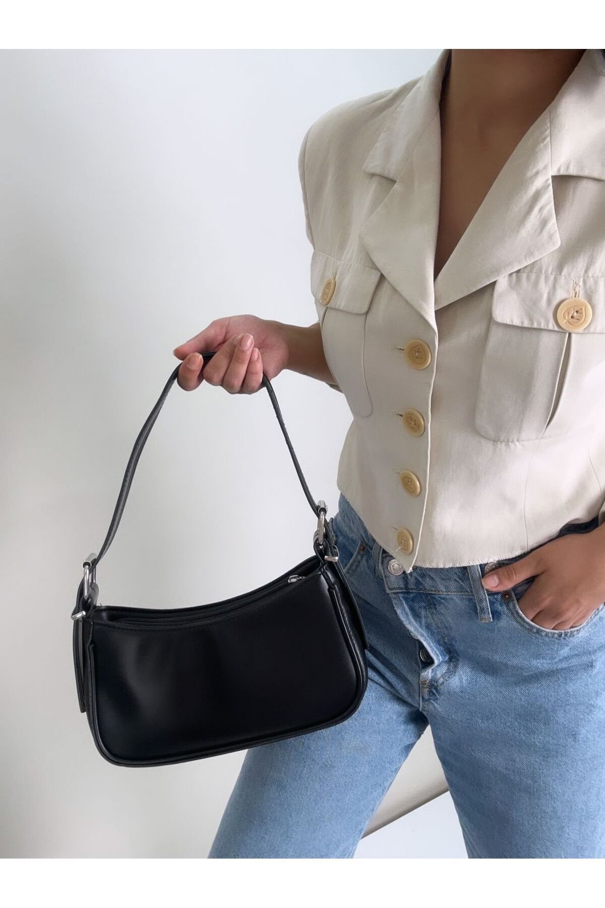 Lesam collection-Women's Lined Baguette Bag with Eye Inside and Strap Detail 7
