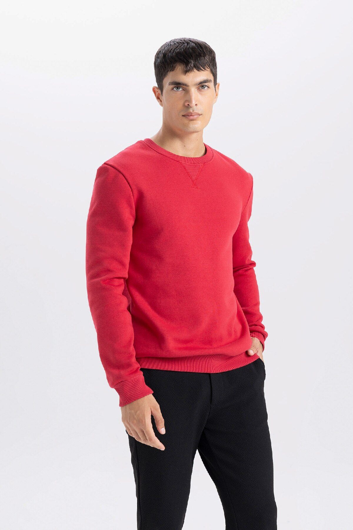 DeFacto-Red Regular Fit Crew Neck Thick Basic Plain Sweatshirt T3777Az24Au 1