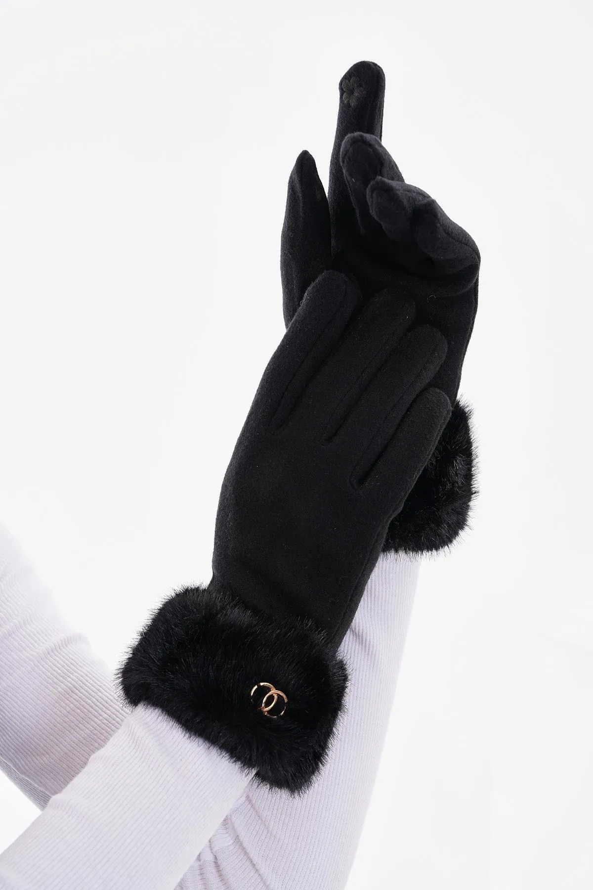 Luminos Butik  Kadın Bileği Kürklü Dokunmatik Siyah Eldiven ELD29 - Görsel 8