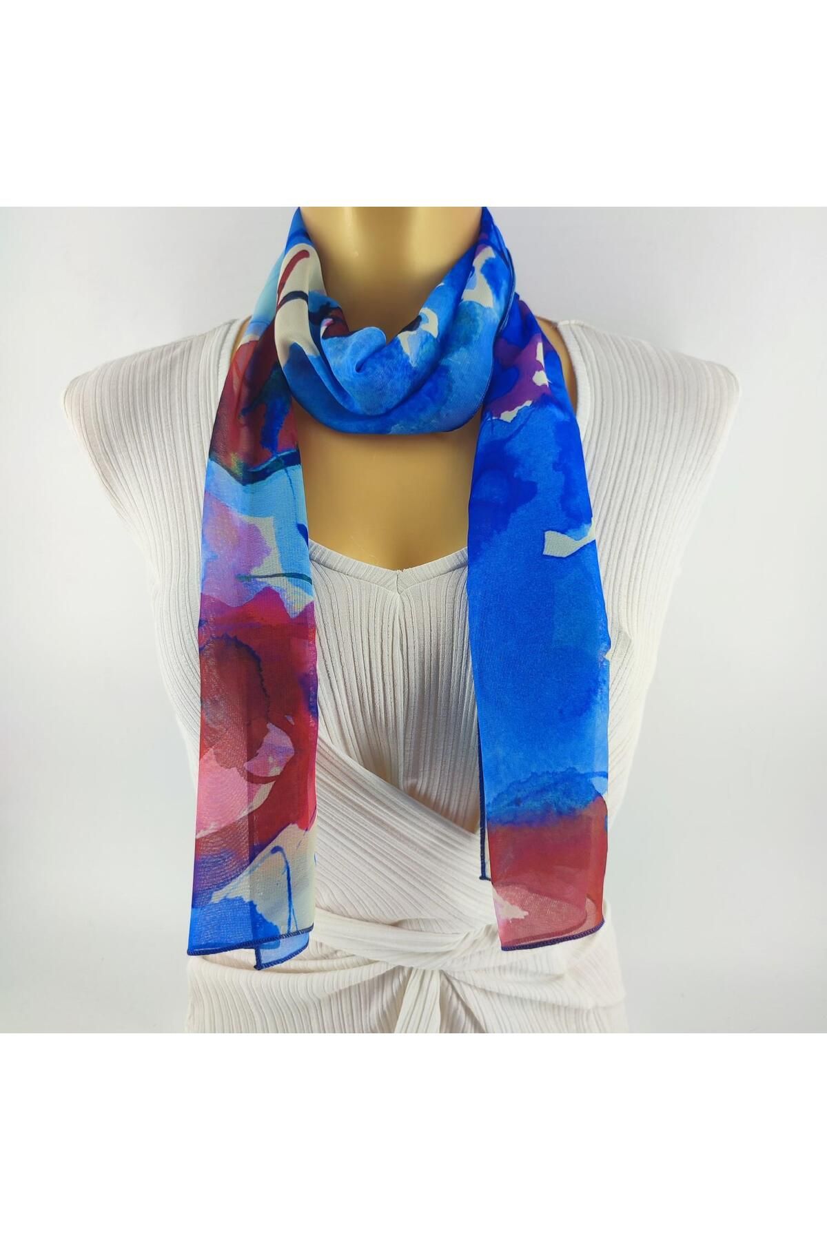 Tedz Collection-PAREDORA Painting Patterned Blue Red Long Scarf 1