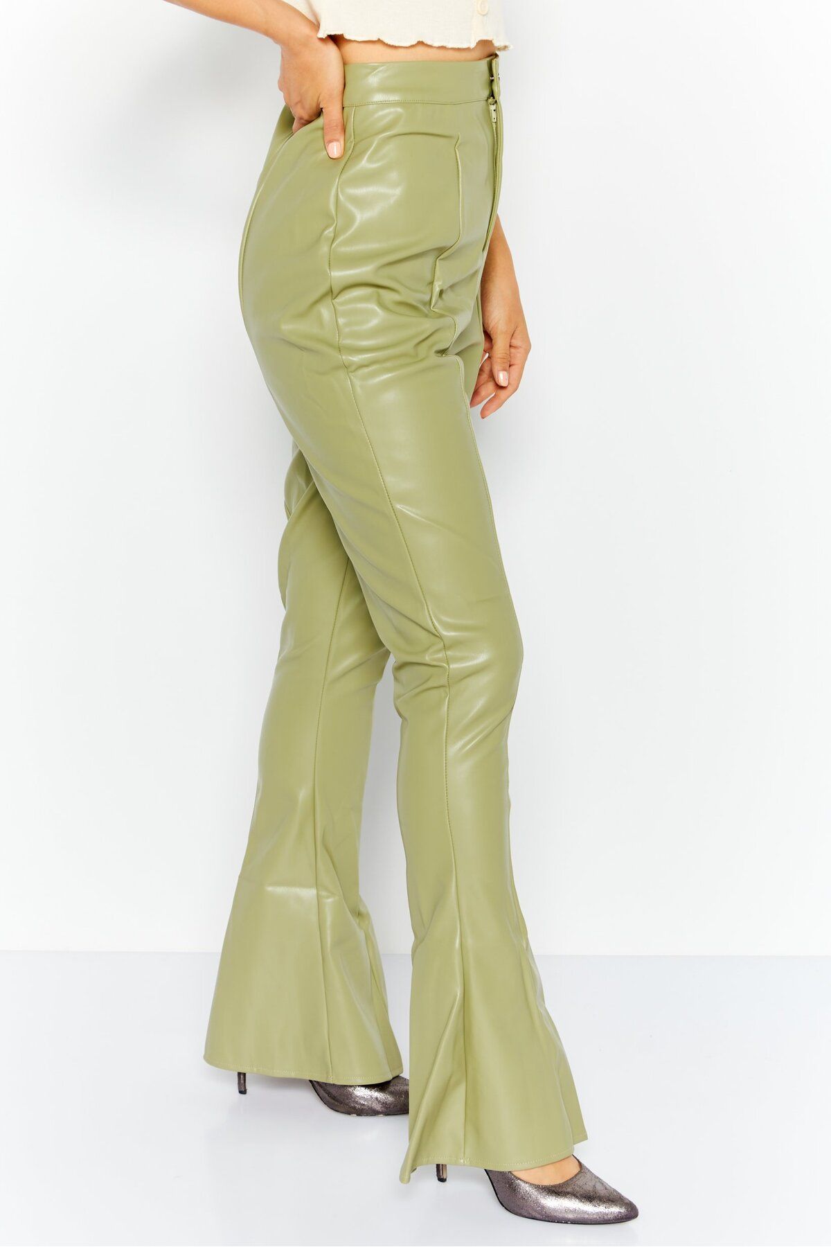 Missguided-Women Tall Faux Leather Flare Pants, Khaki 3