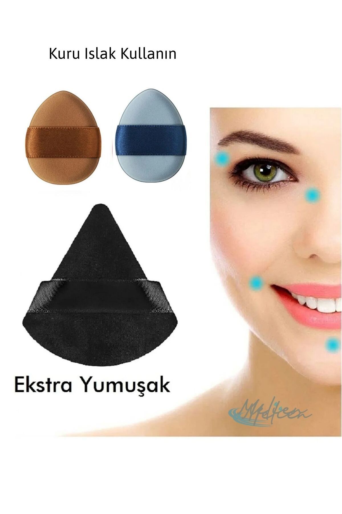 2 Adet Mini Ve 1 Adet Üçgen Kozmetik Puf Parmak Yüz Makyaj Göz Altı Kapatıcı Kuru Islak Süngeri Seti