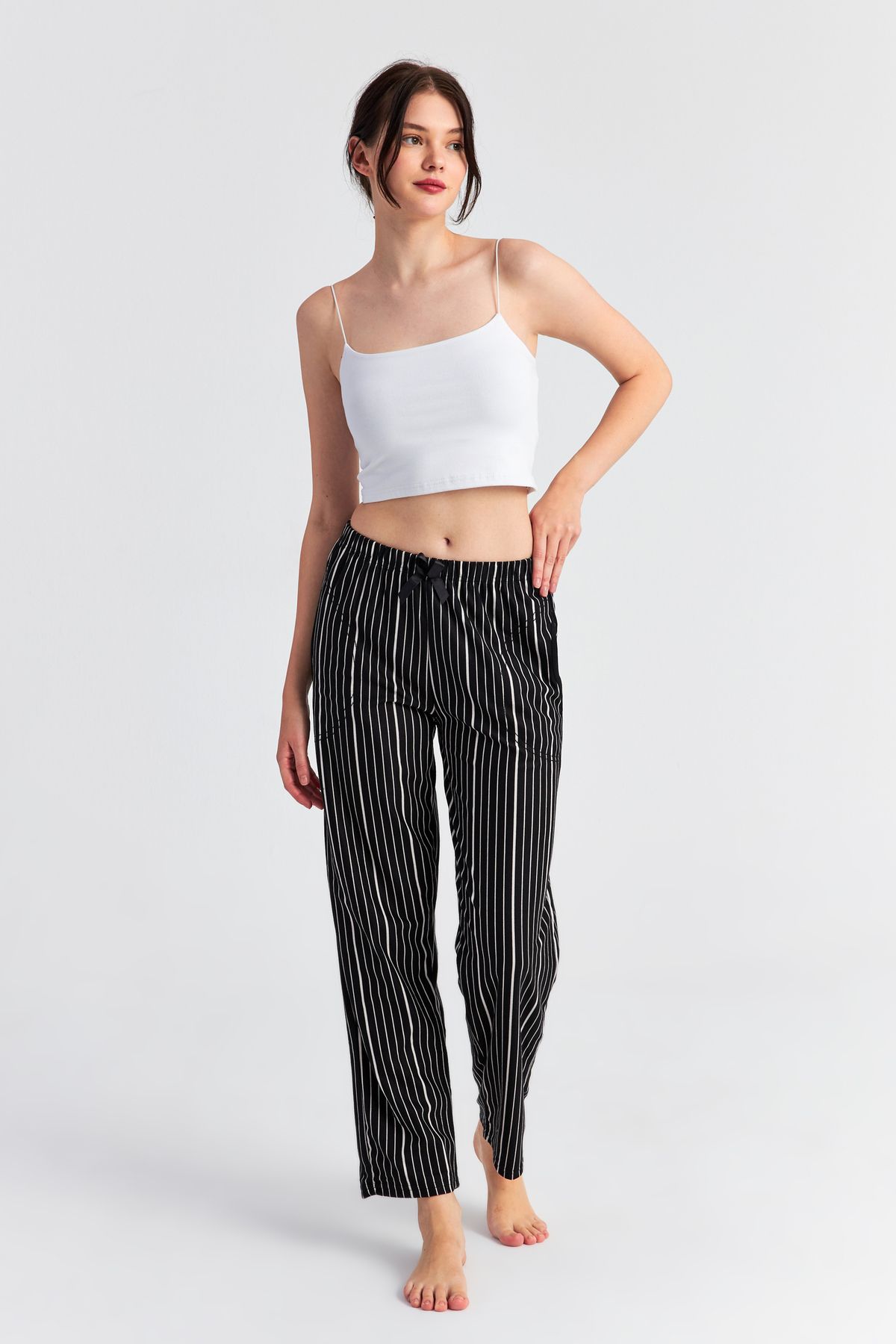 Ecrou-Women's Black Striped Suede Pajama Pants 1