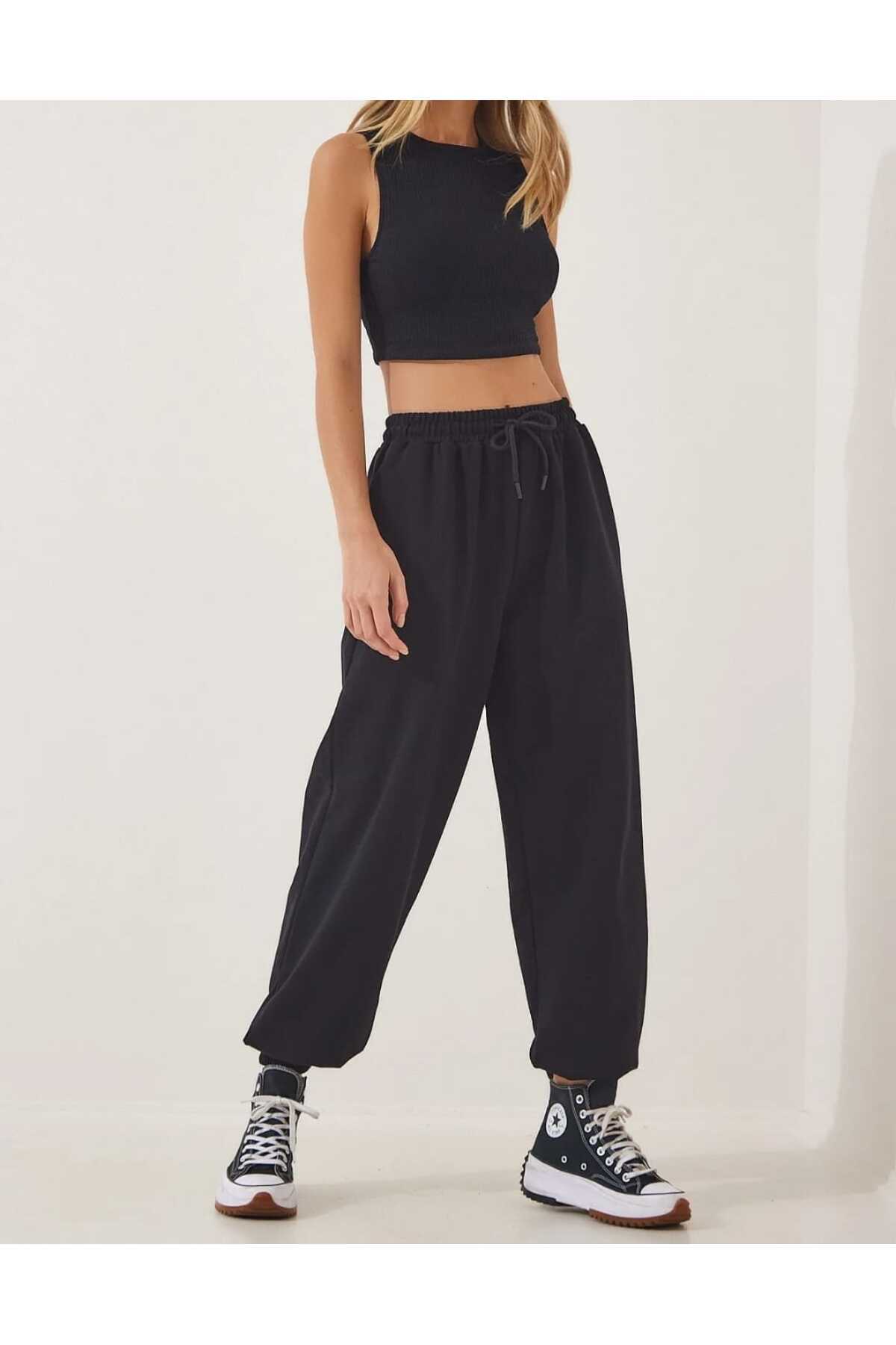 UYN SPORT Siyah Kışlık Şardonlu  Paçası Lastikli Büyük Beden Salaş Eşofman Altı Joggers